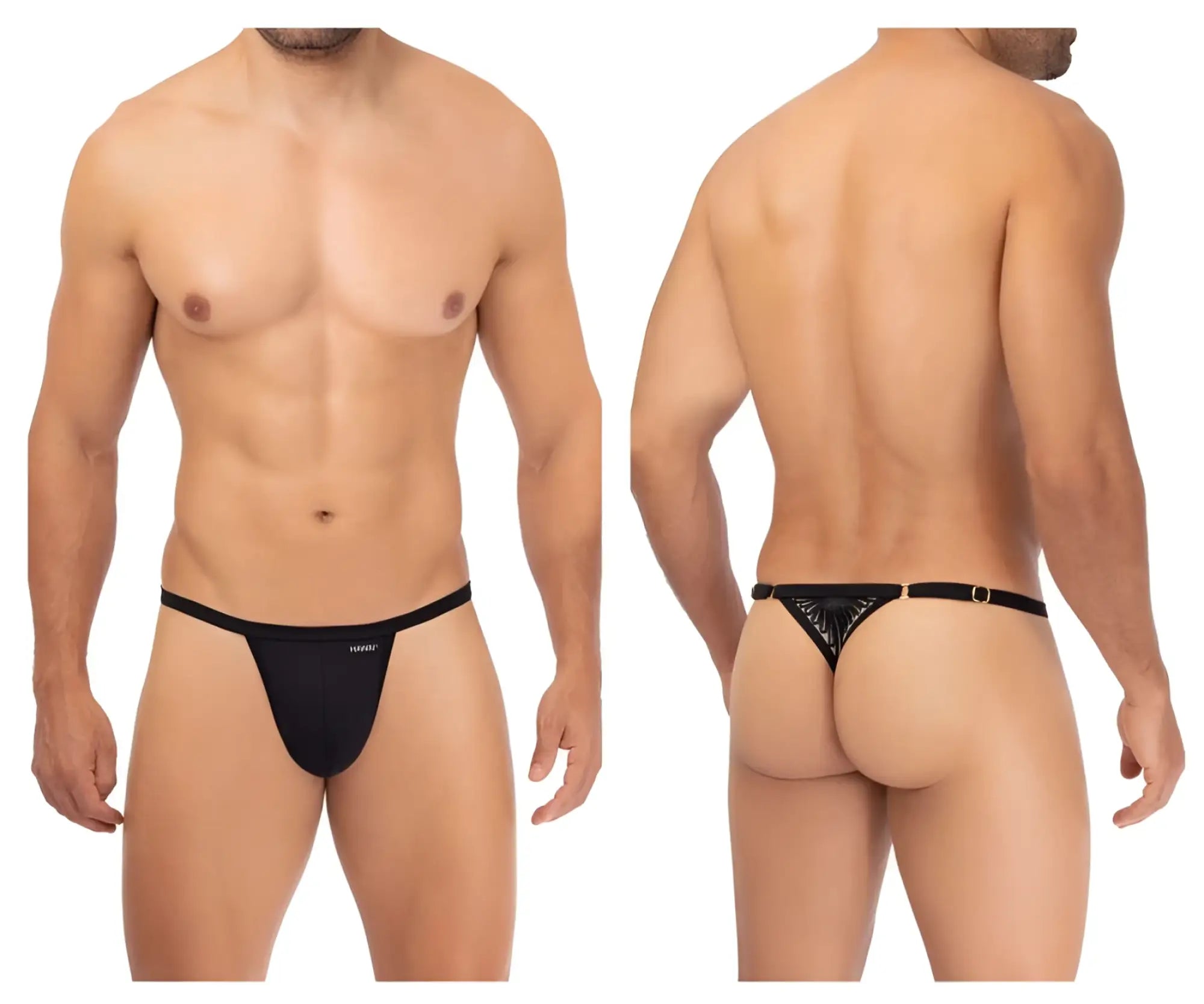 Back view of black hawai 42317 microfiber thong for men with subtle geometric pattern and small front brand logo