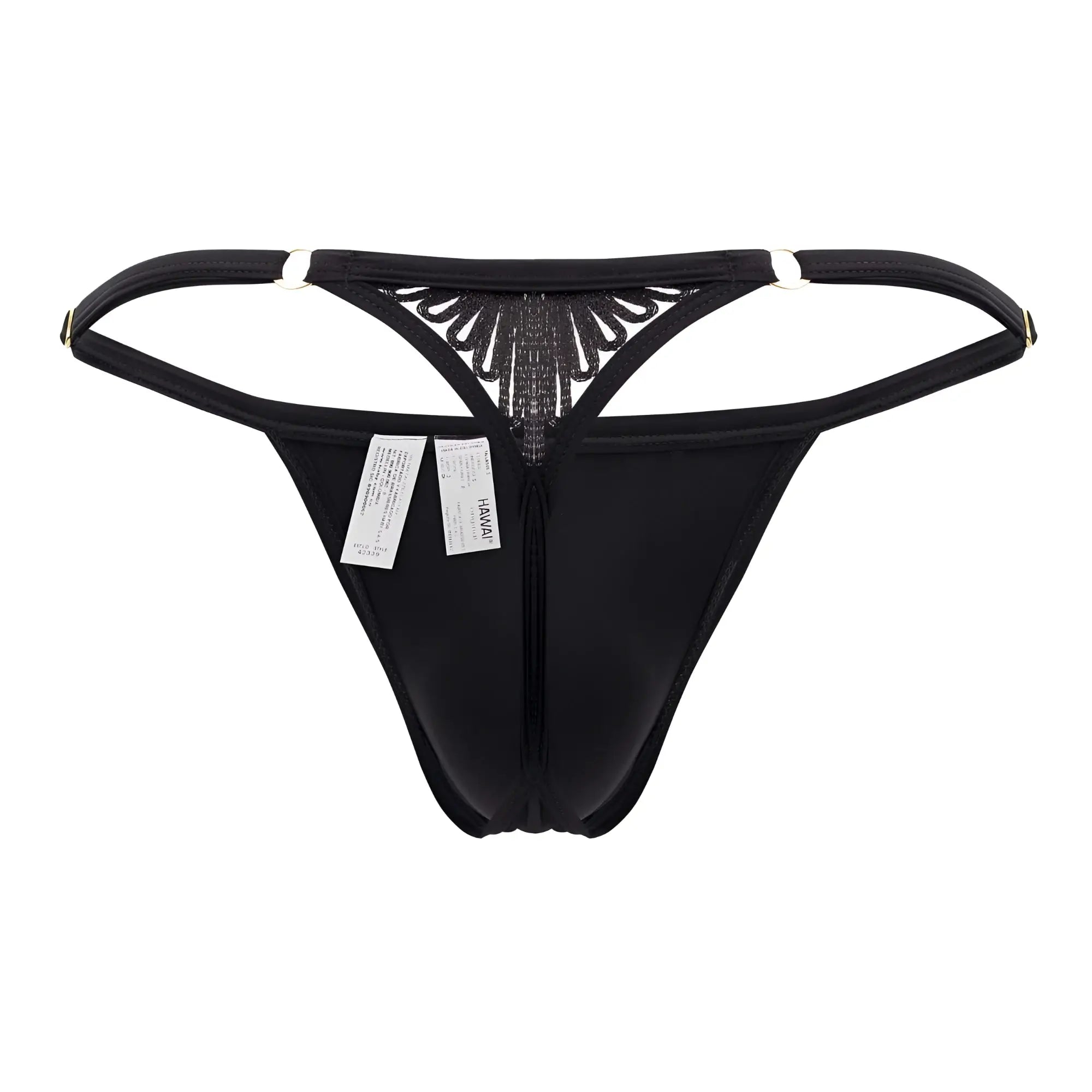 Black microfiber thong with decorative beaded fan design and white plastic clasps on straps hawai 42317