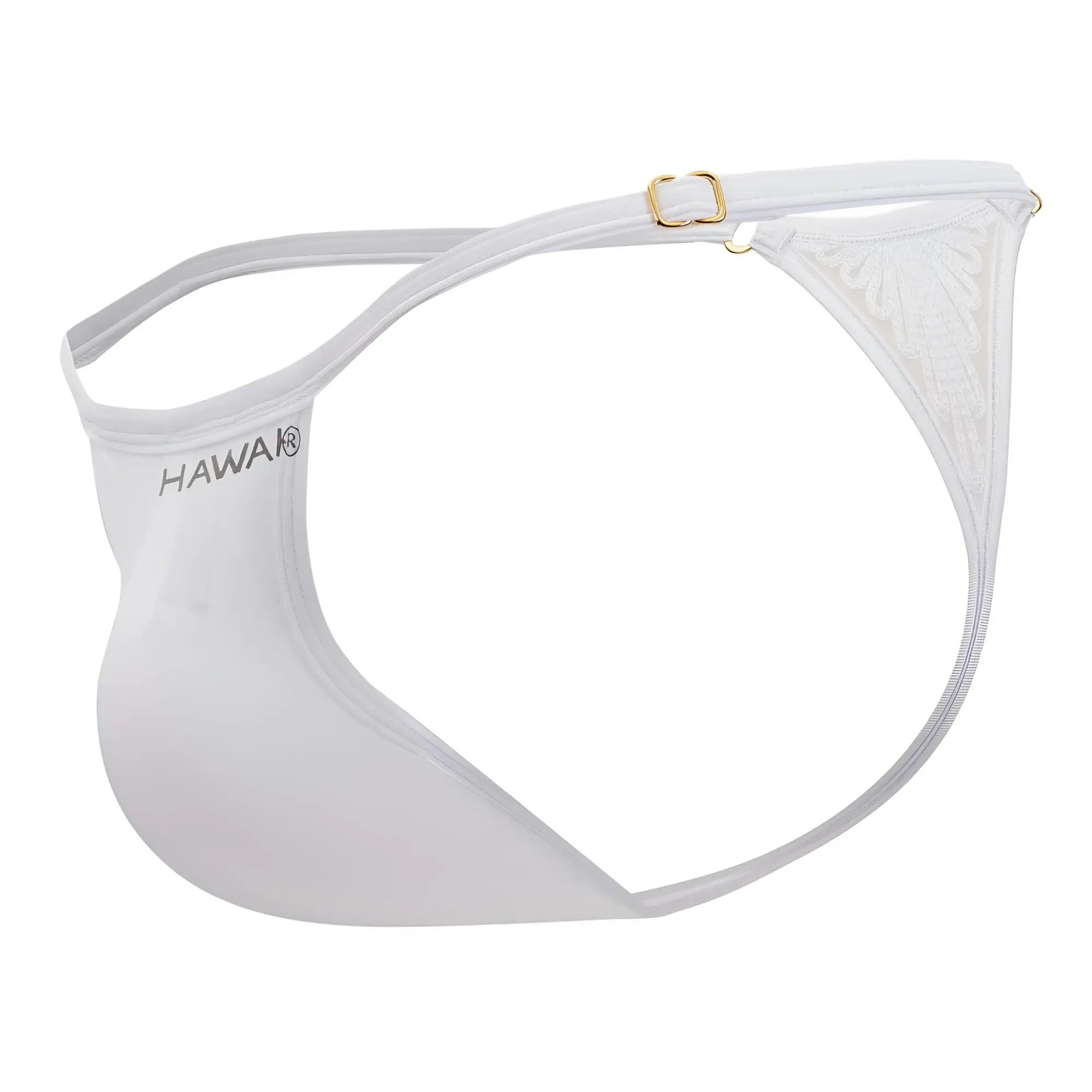 White hawa microfiber thong with sheer lace sides and gold-toned buckle in style hawai 42317