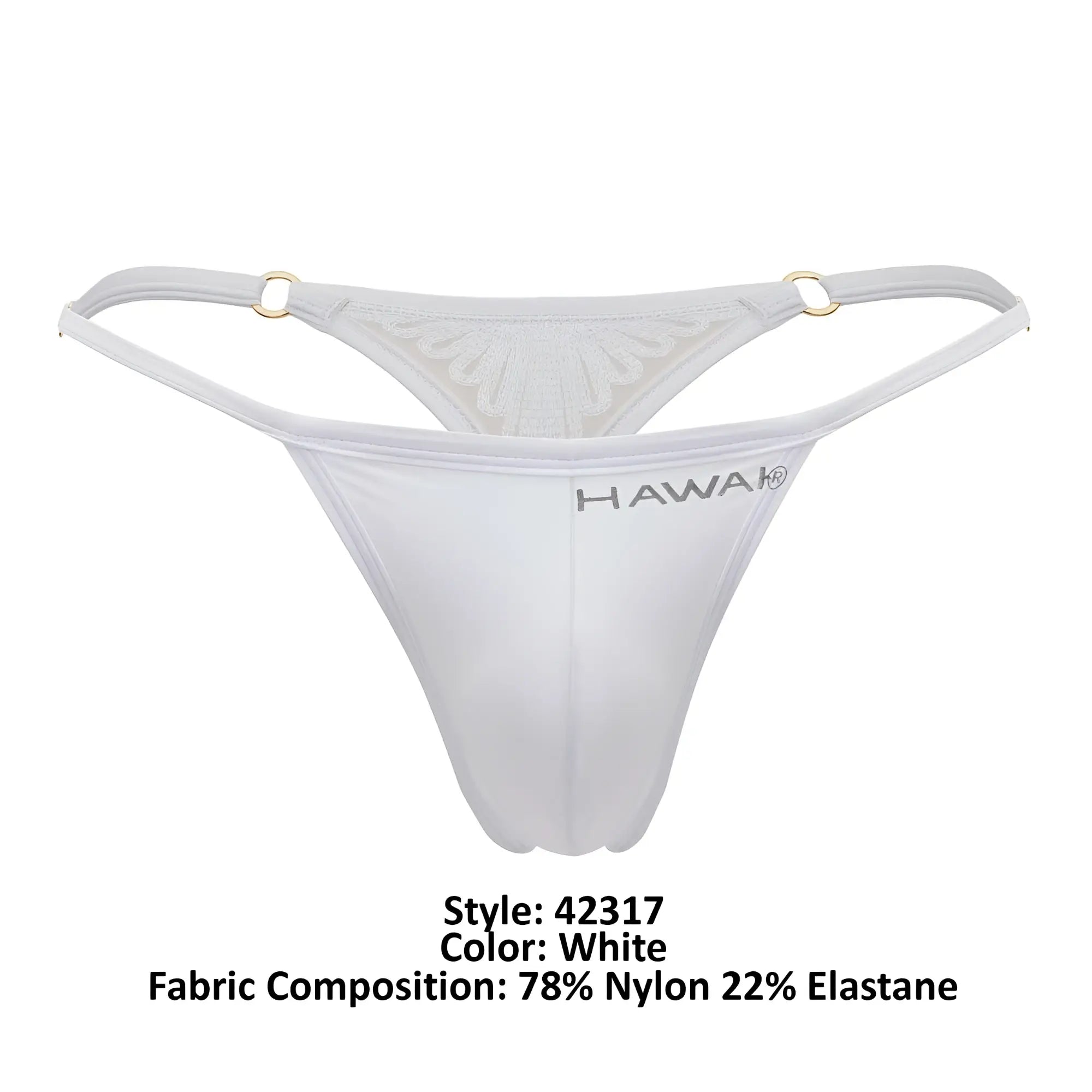 White hawa brand thong showing sheer lace back with gold-toned metal rings in microfiber material
