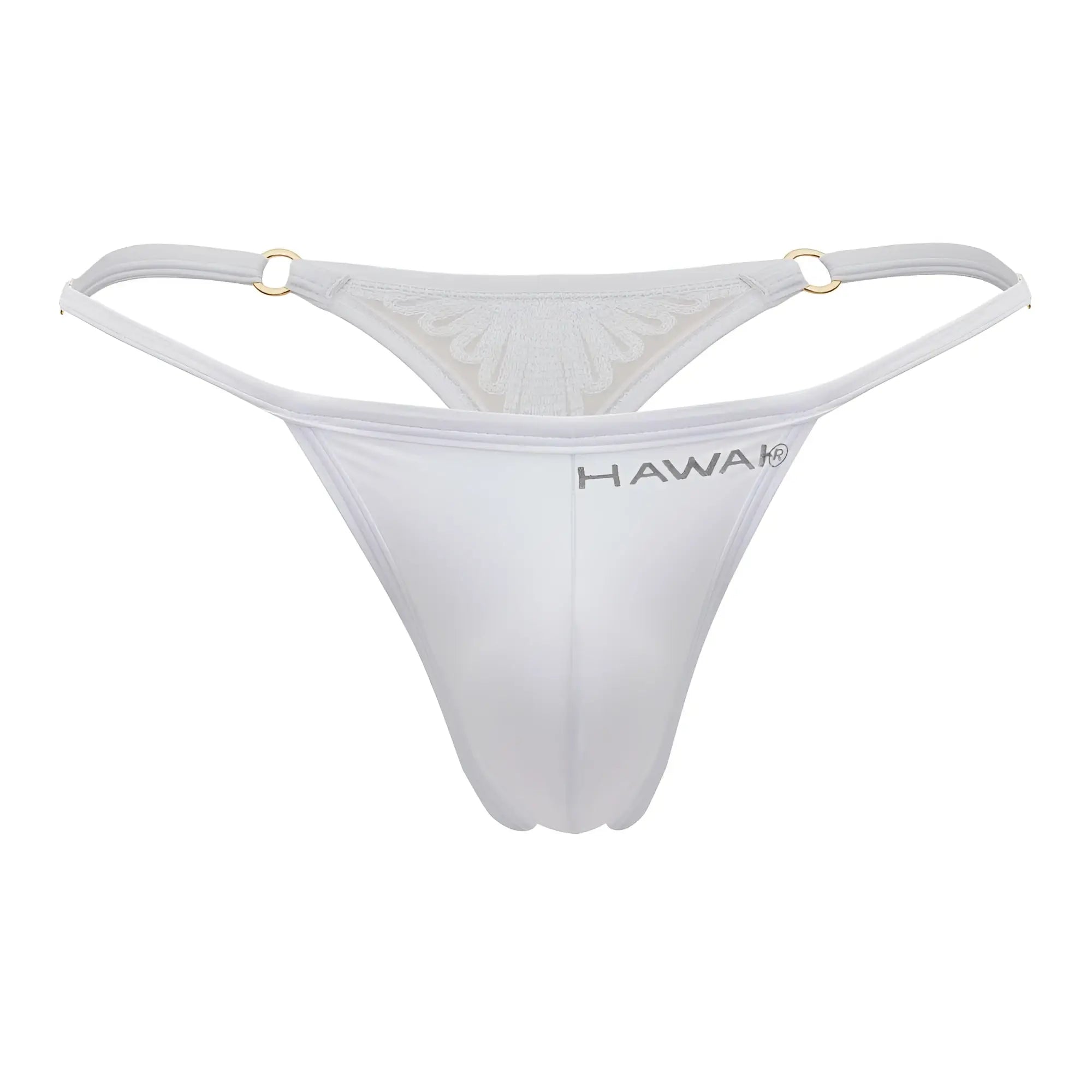 White hawaii brand microfiber thong in white featuring a sheer mesh back with gold-toned metal rings visible