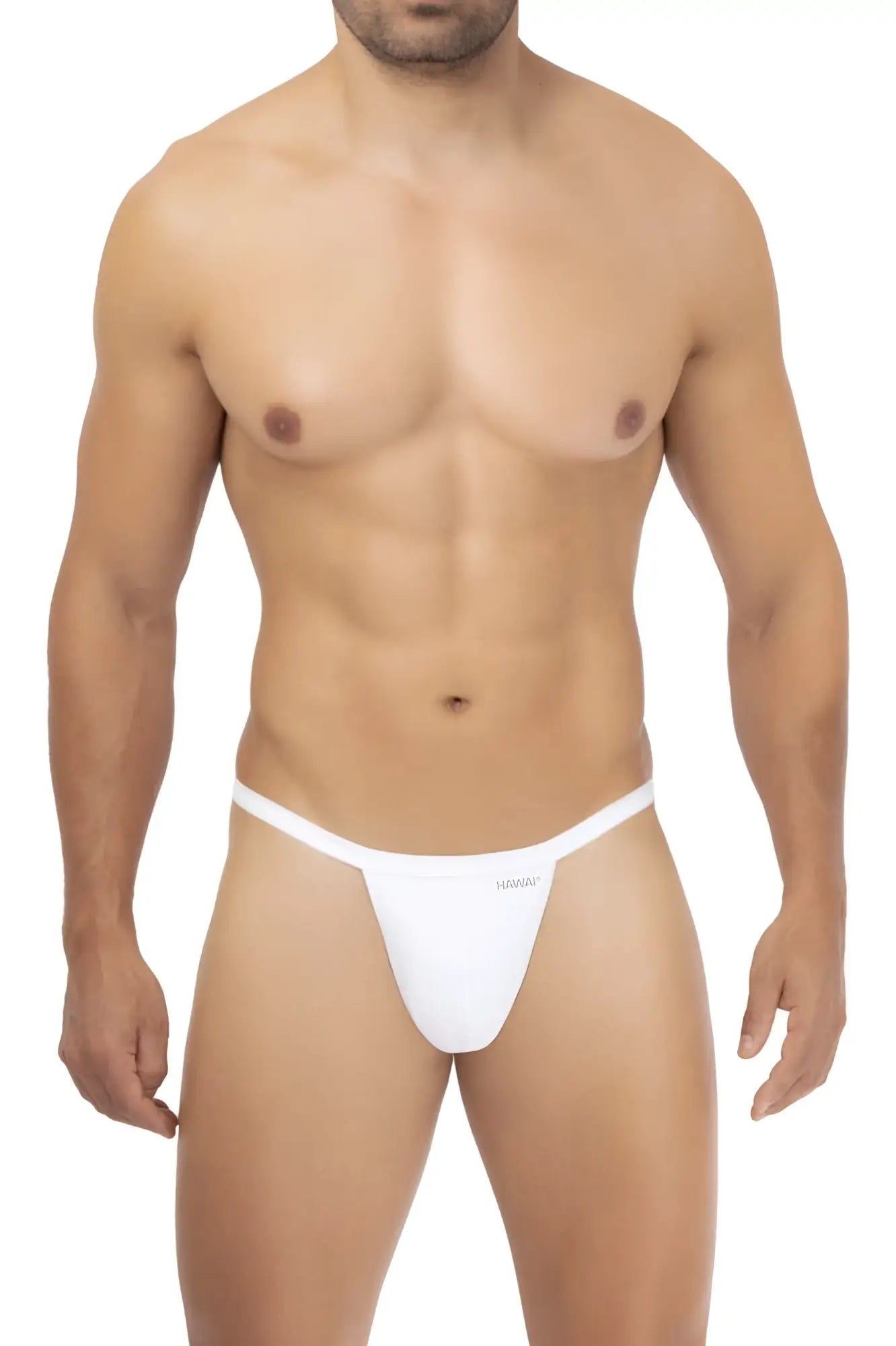 White men’s microfiber thong with minimalist design and hilario branding in white from HAWAI 42317 collection