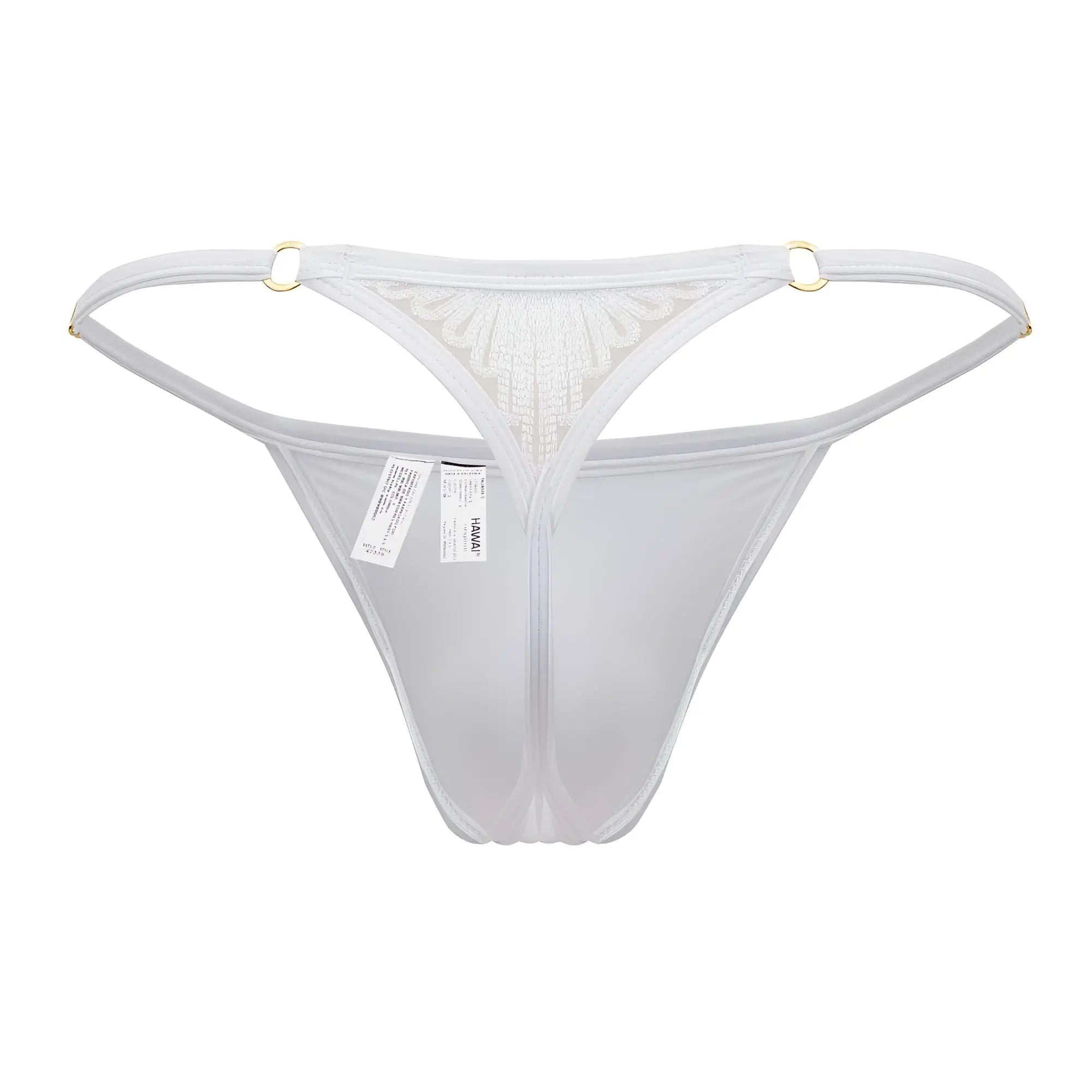 White sheer microfiber thong with delicate lace detailing and gold-toned metal rings at the waistband front view