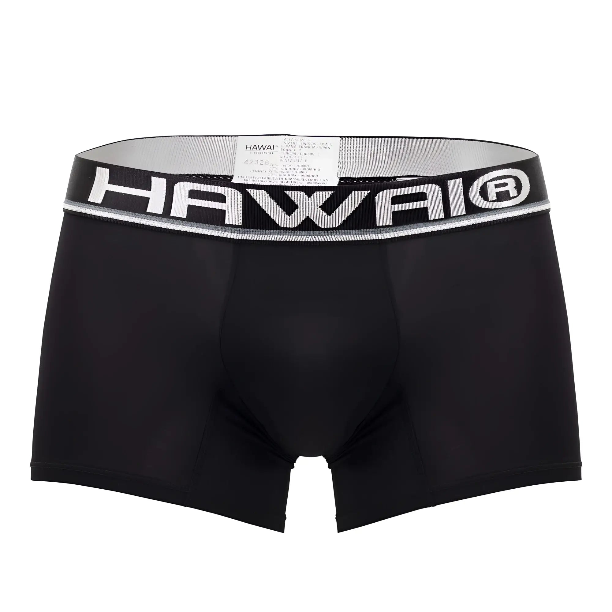 Black hawai 42326 microfiber men’s boxer briefs in black with silver elastic waistband and bold white brand name