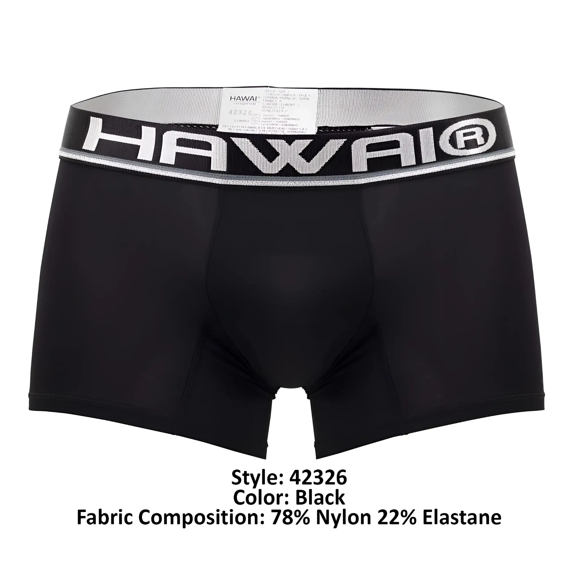 Black hawaii microfiber boxer briefs in black with a gray and white elastic waistband featuring the brand logo