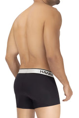 Black microfiber boxer briefs with white elastic waistband branded hawaii in black lettering color black model 42326