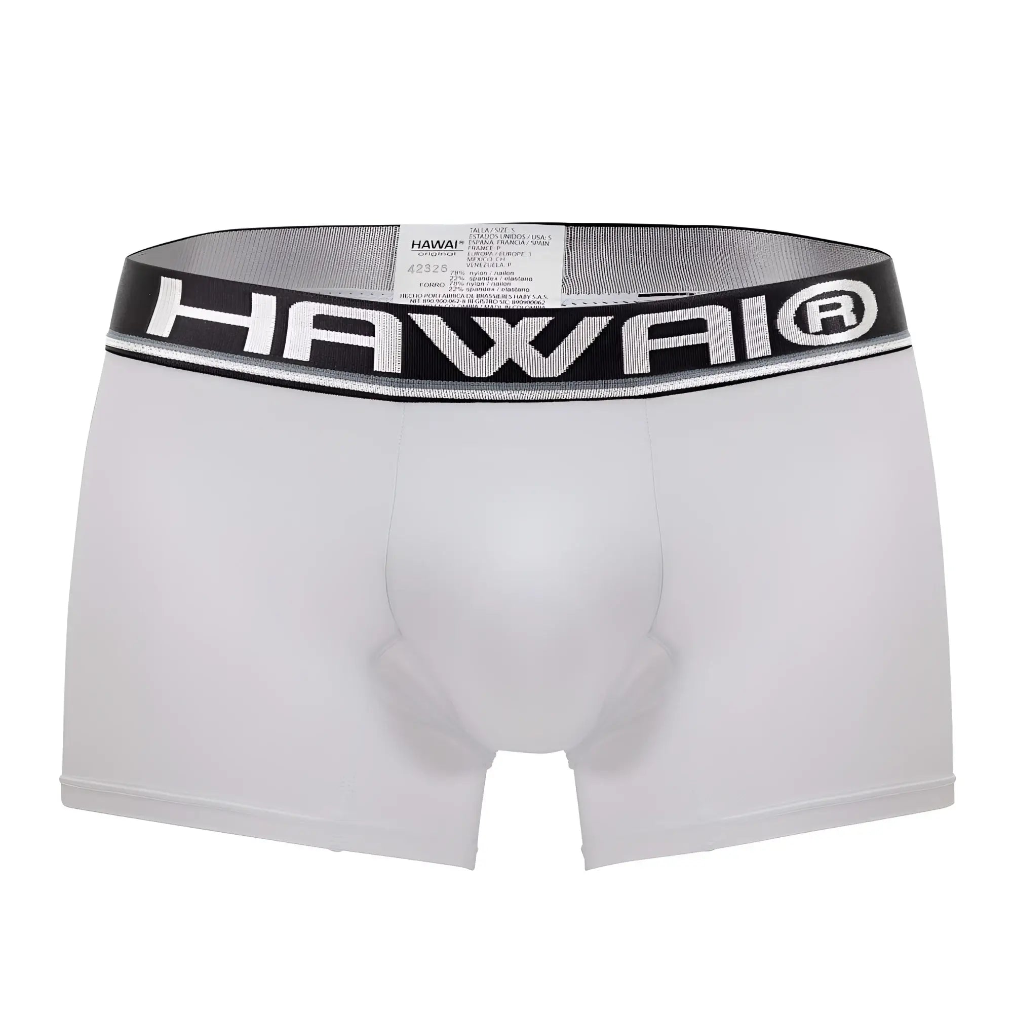 White hawai microfiber boxer briefs in white with a black elastic waistband and bold white lettering