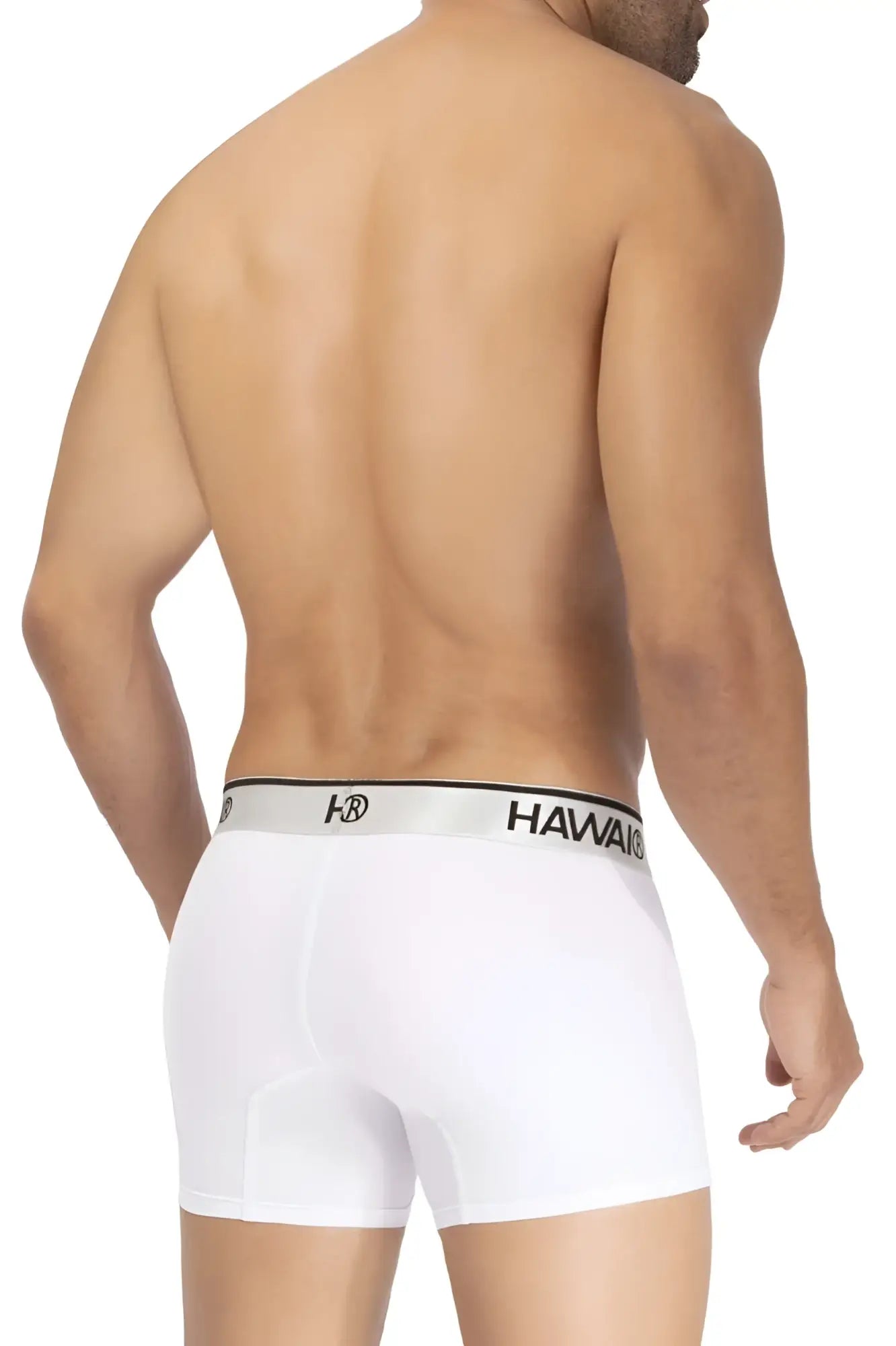 White HAWAI 42326 microfiber boxer briefs with silver waistband featuring black lettering and logo