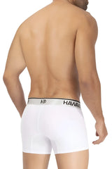 White HAWAI 42326 microfiber boxer briefs with silver waistband featuring black lettering and logo