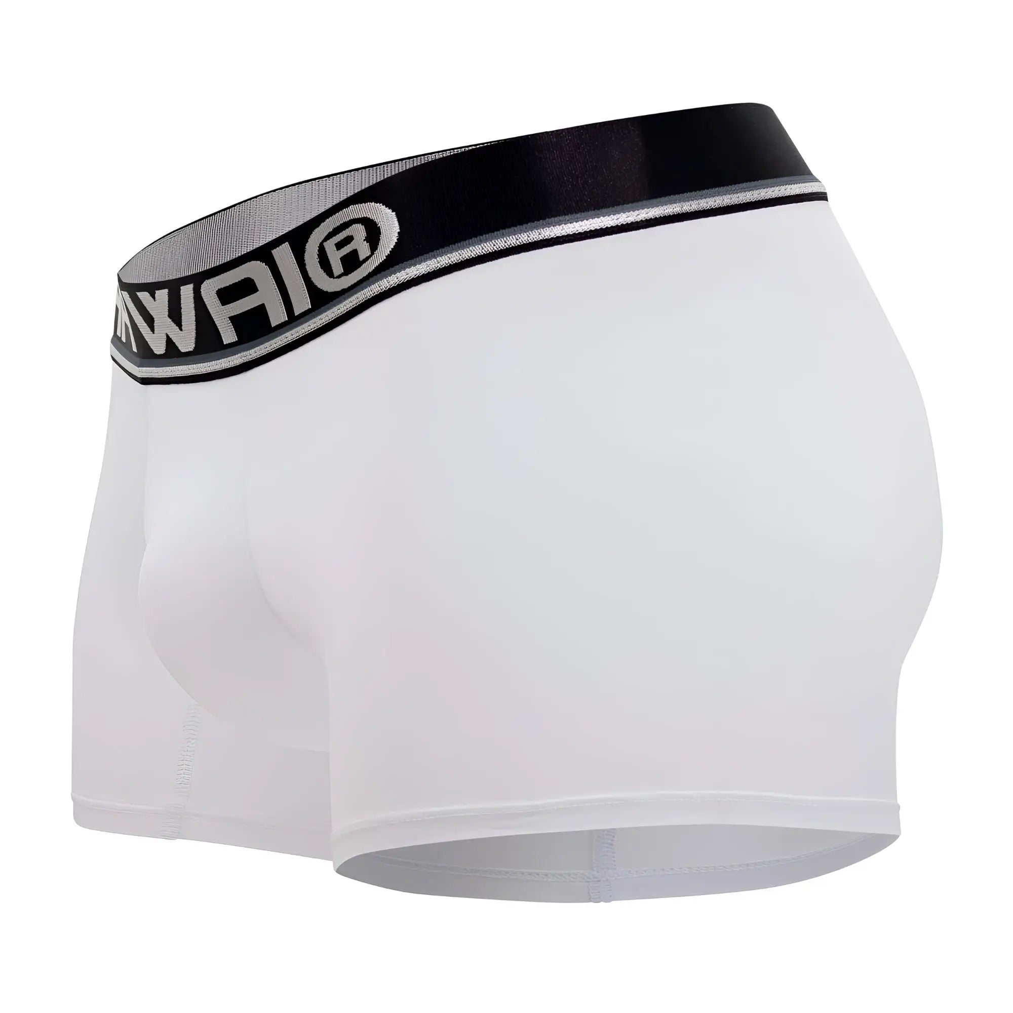 White men’s microfiber boxer briefs in white with a black elastic waistband featuring the awai silver logo