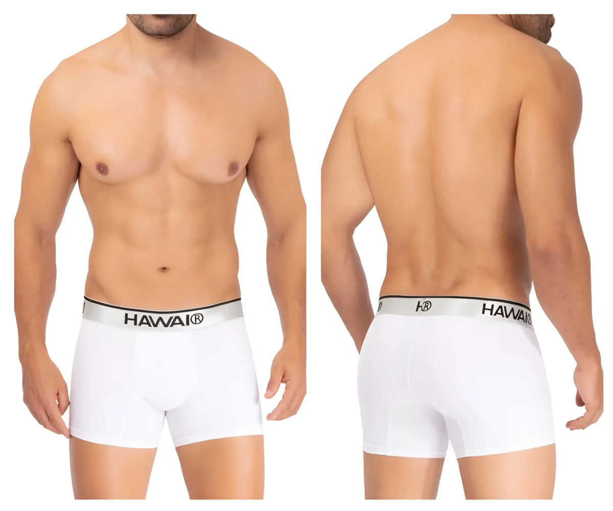 White men’s microfiber boxer briefs with a silver waistband and hawaii brand name in black lettering color white