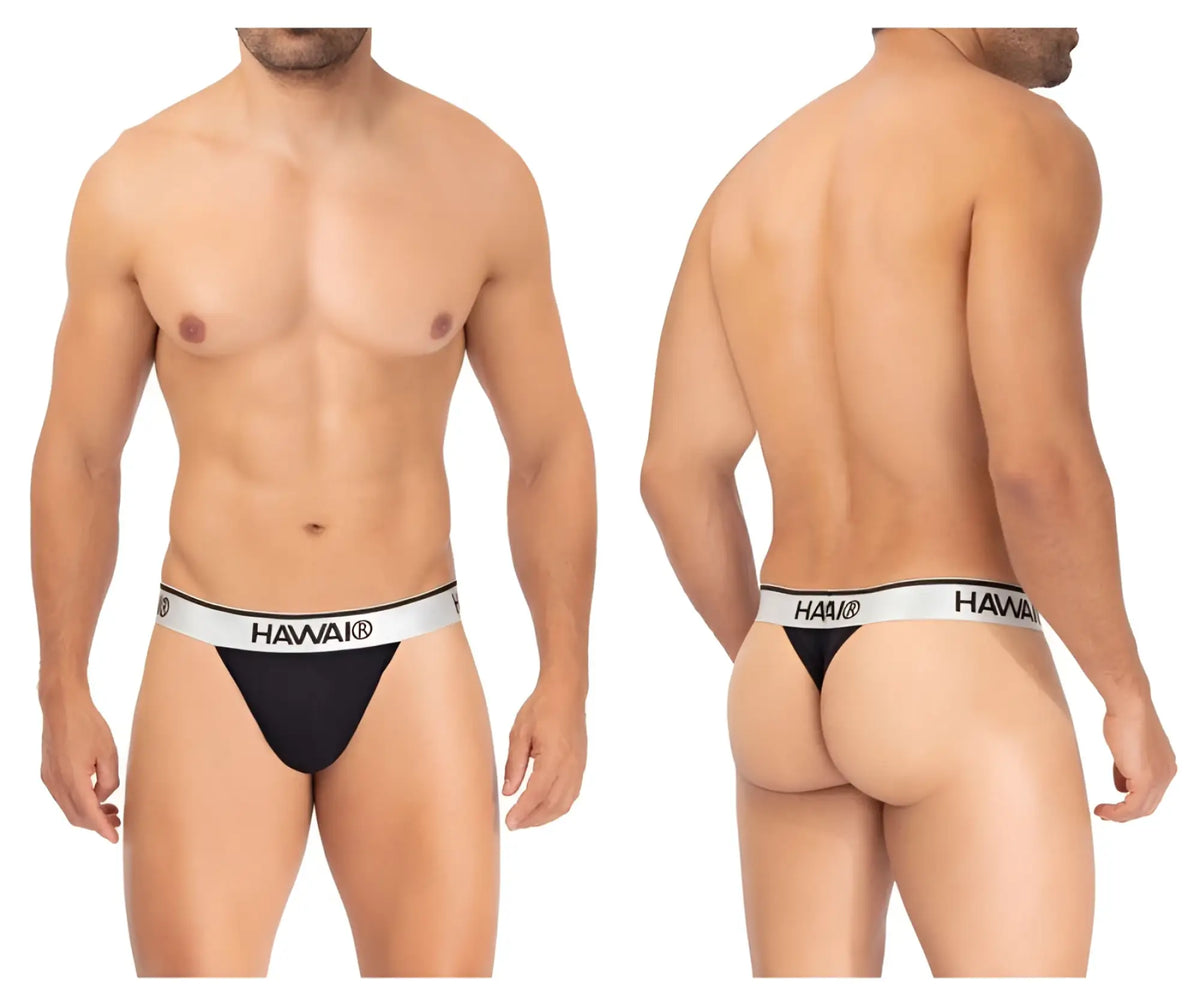Black Hawai 42338 microfiber thong in black with a white elastic waistband featuring the Hawaii logo in black lettering
