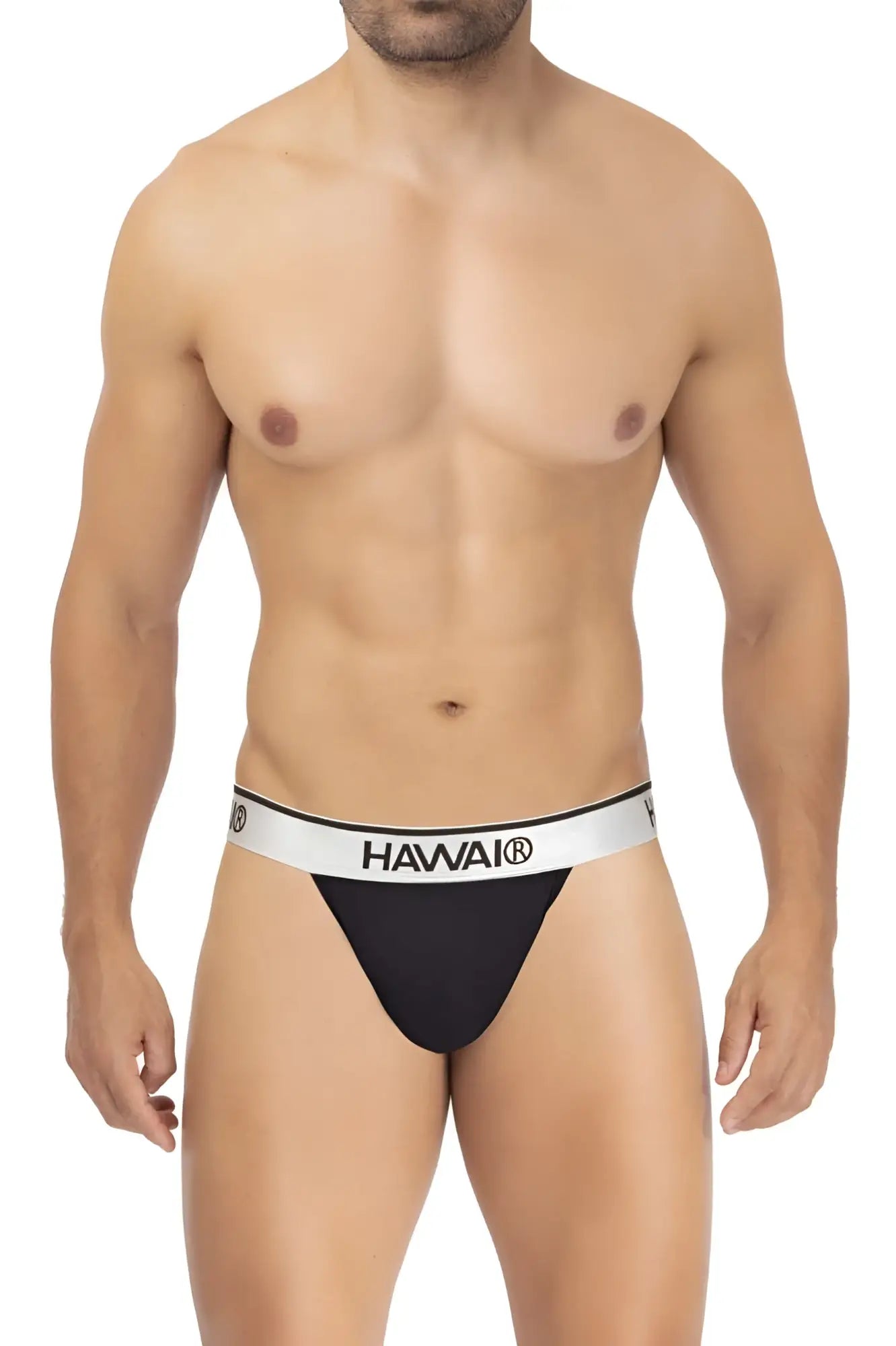 Black hawai brand microfiber thongs in black with a white waistband featuring the logo visible from the front