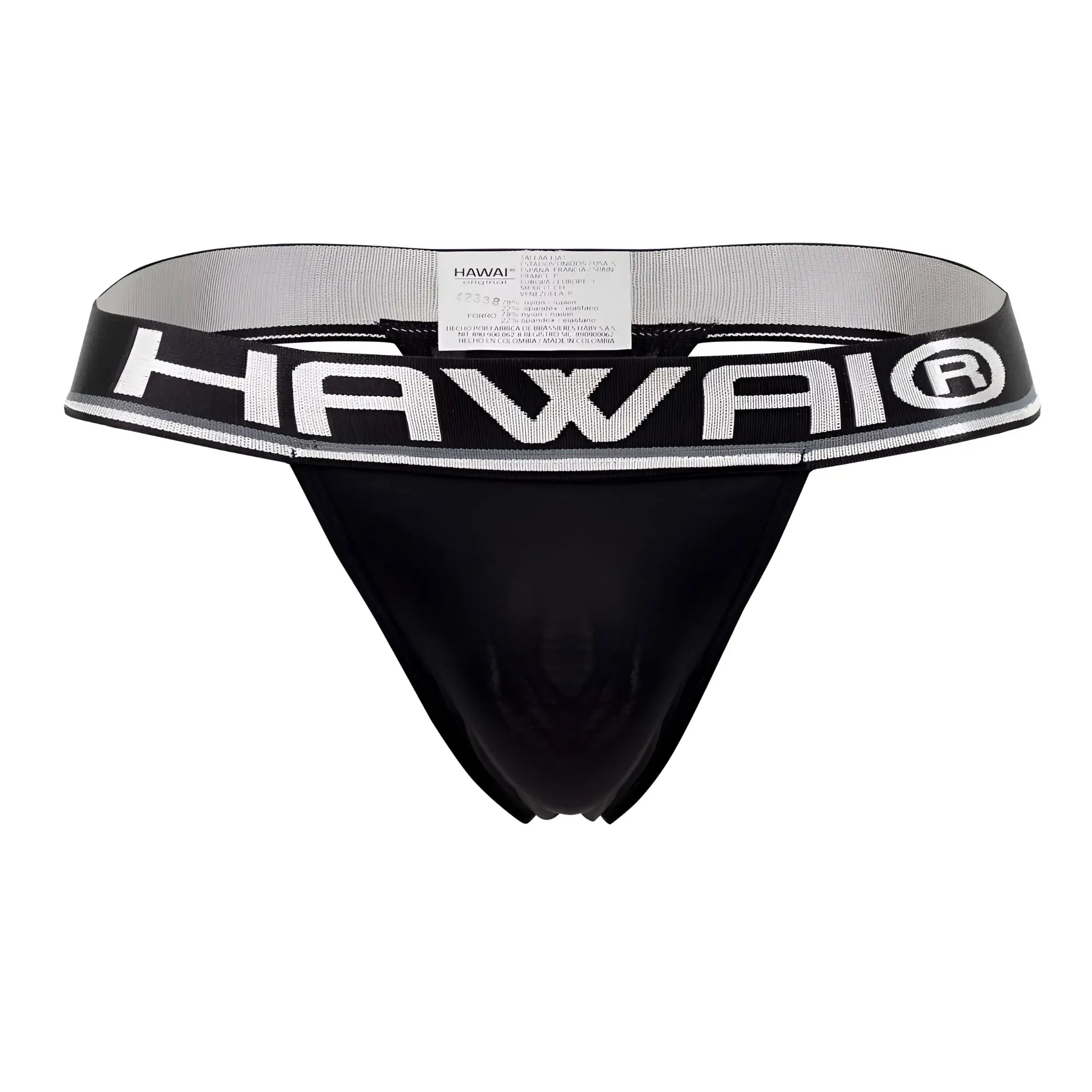 Black hawaii brand microfiber thong in black with wide elastic waistband featuring bold white lettering and silver trim
