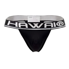 Black hawaii brand microfiber thong in black with wide elastic waistband featuring bold white lettering and silver trim