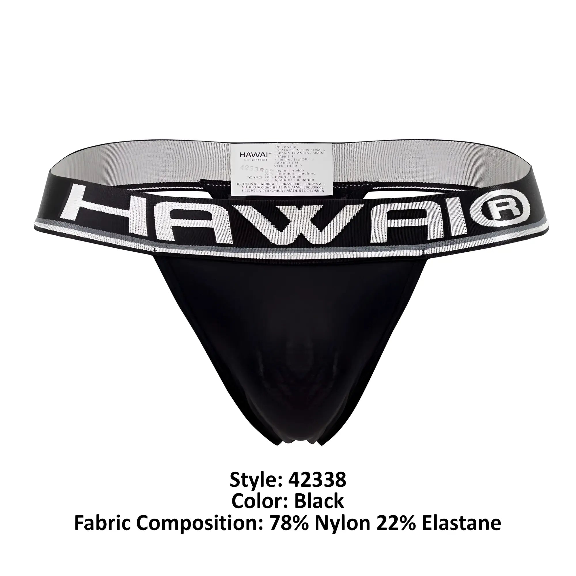 Black hawaiian brand black microfiber thong with bold white logo on waistband front view