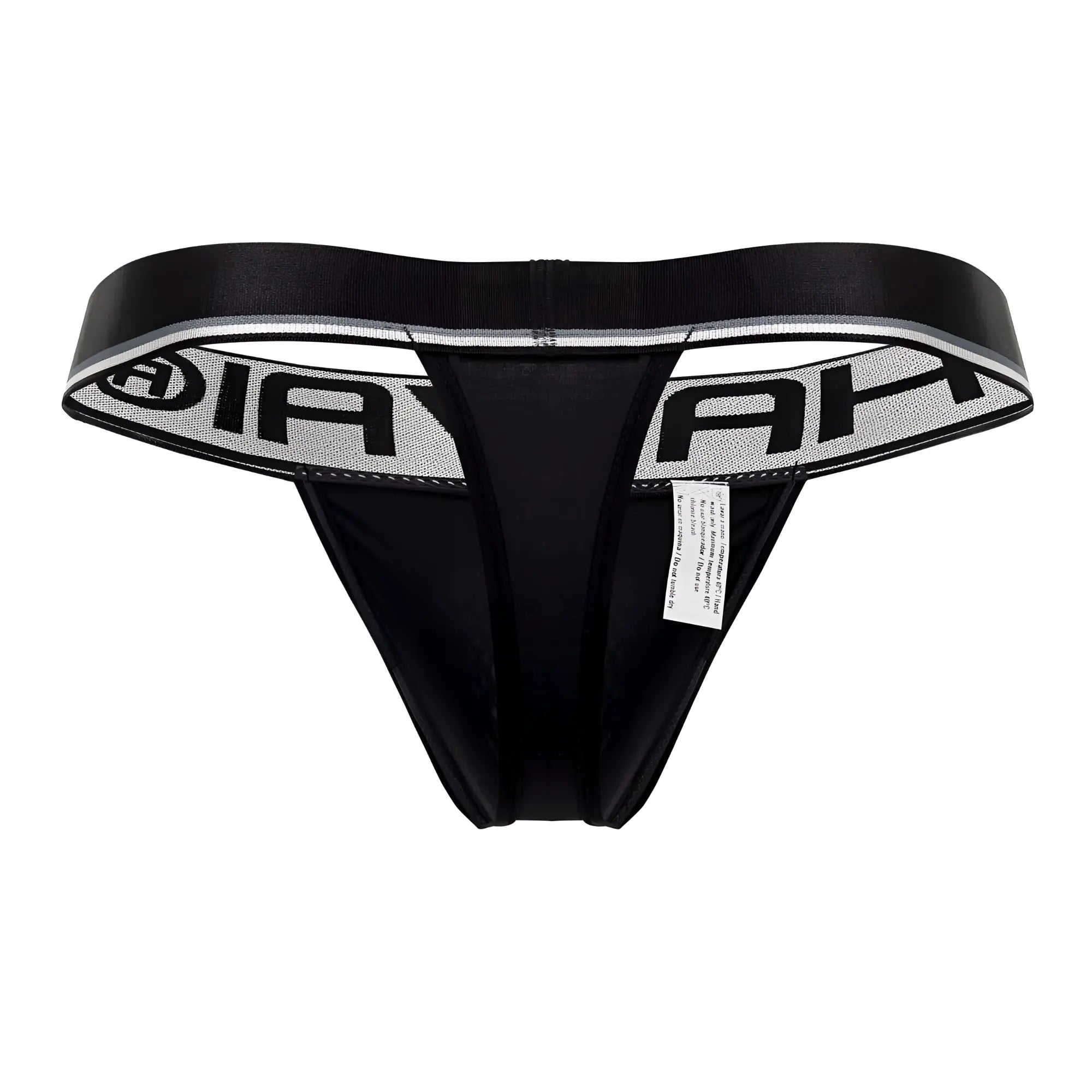 Black hawai 42338 microfiber thong with wide elastic waistband and bold black ah lettering on silver textured background