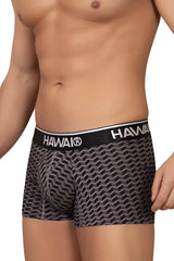 Gray black geometric patterned printed trunks with black hawaii waistband for comfortable everyday wear