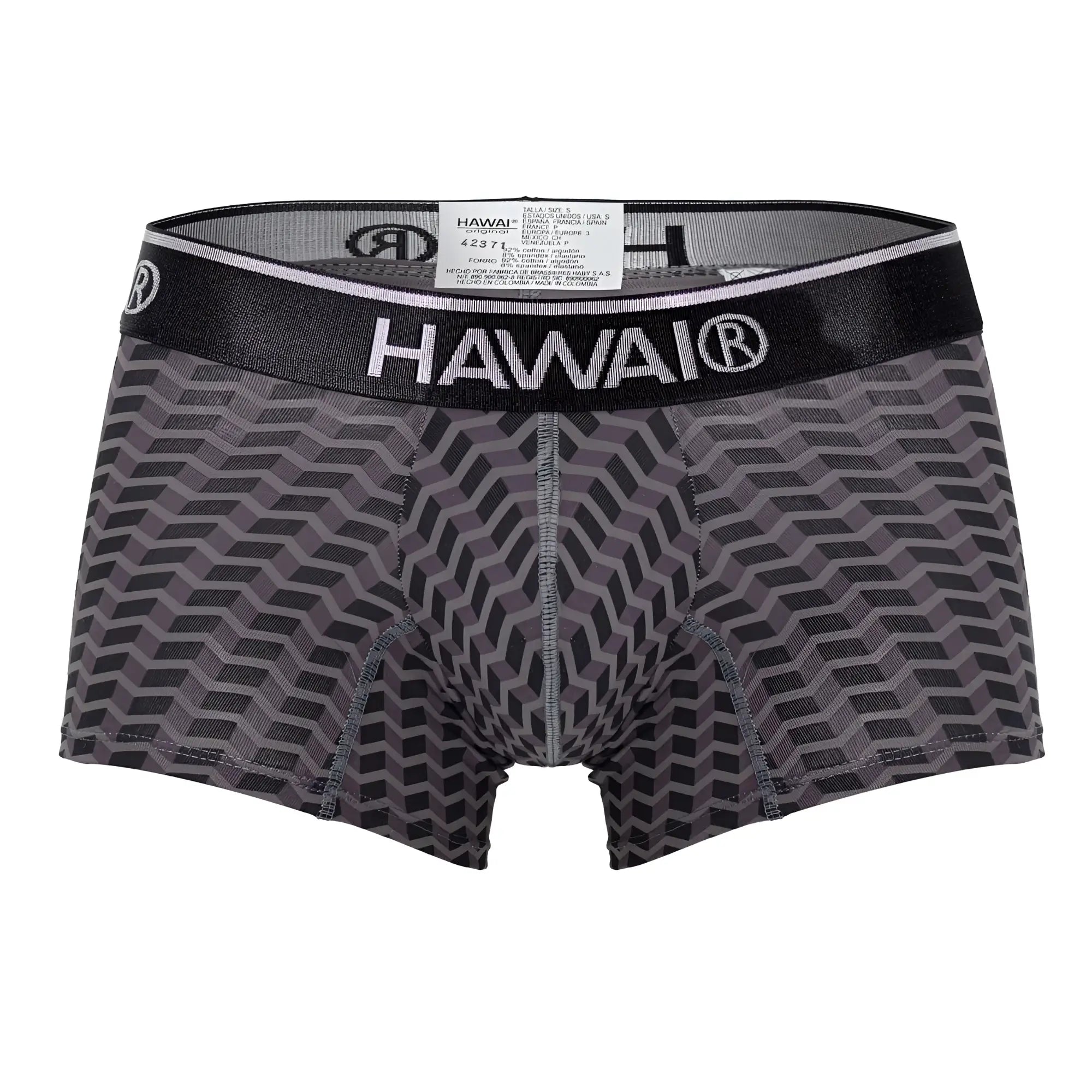 Gray and black geometric-patterned hawaii men’s boxer briefs with a branded elastic waistband in printed trunks style