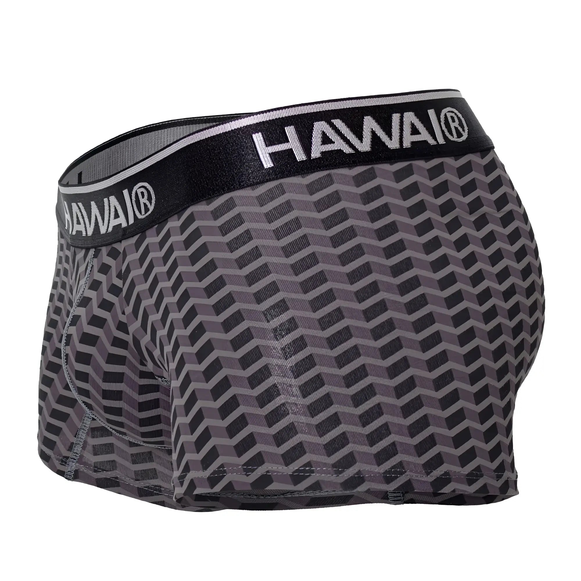 Gray and black geometric patterned men’s boxer briefs with branded elastic waistband printed trunks color gray