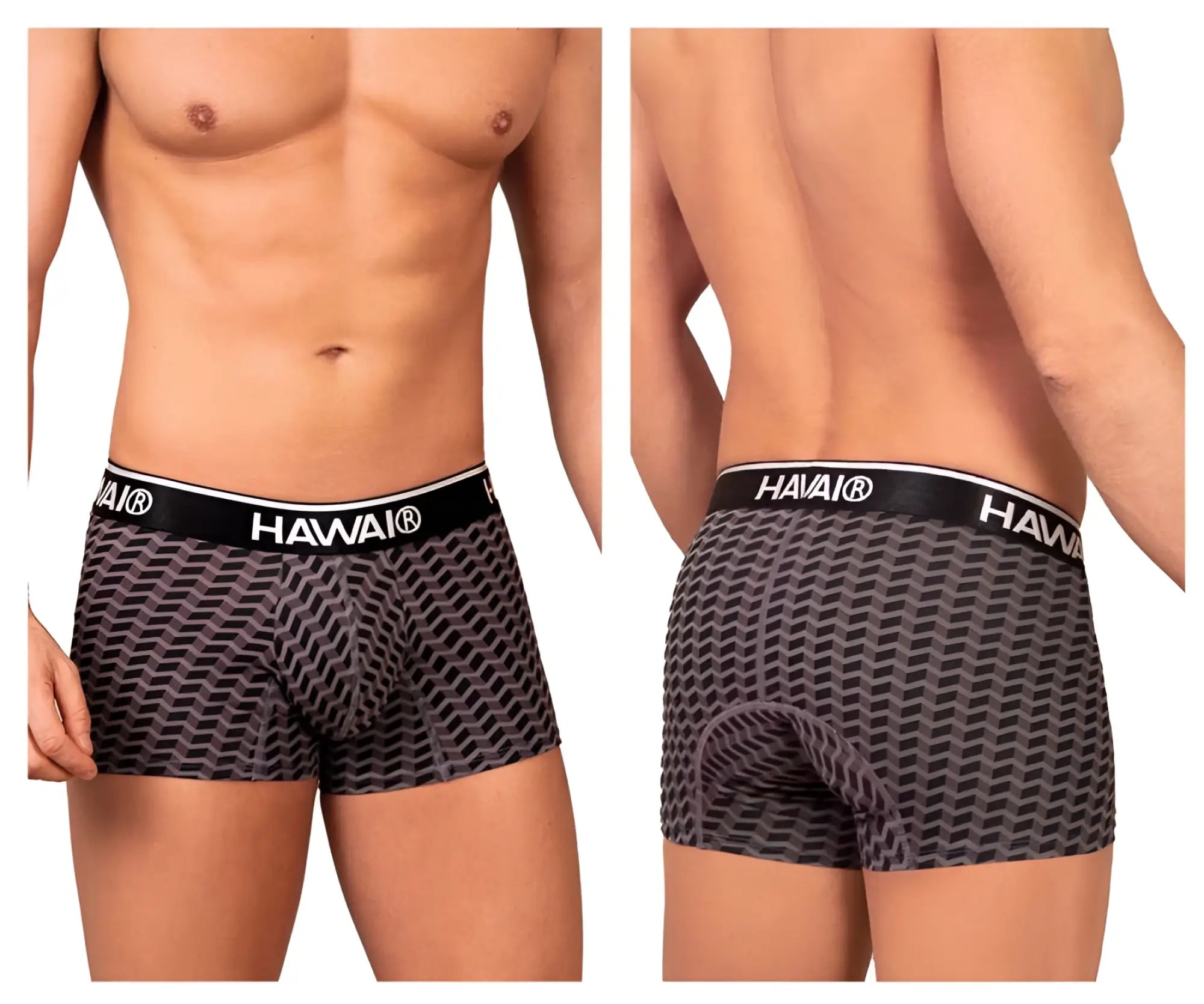 Black and gray patterned hawaii mens boxer briefs with a black waistband and white hawaii branding color gray
