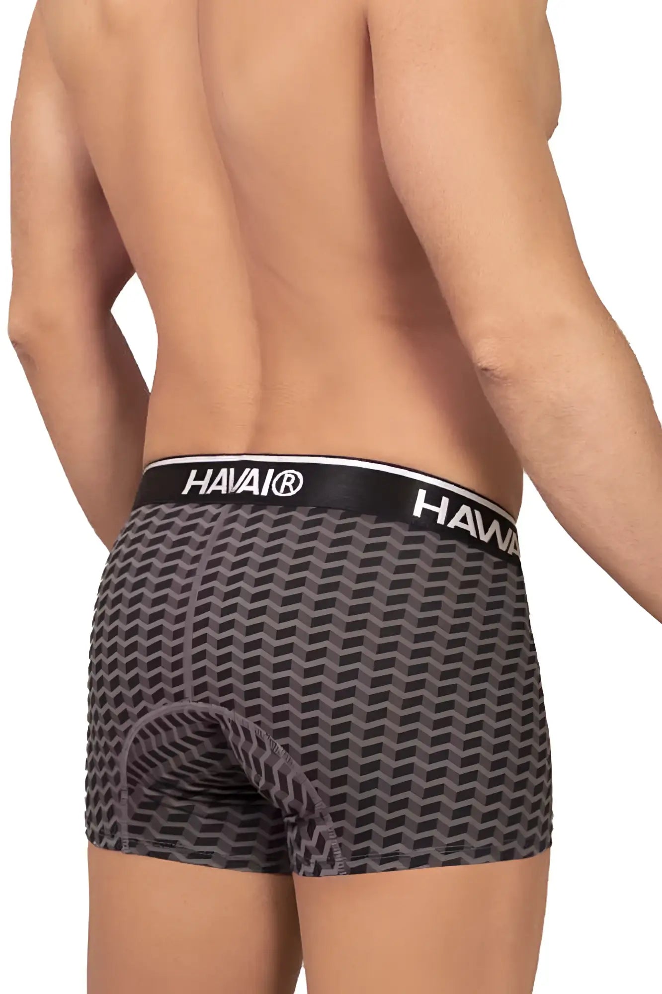 Gray havai printed trunks 42371 boxer briefs with black geometric pattern and padded crotch for comfortable wear