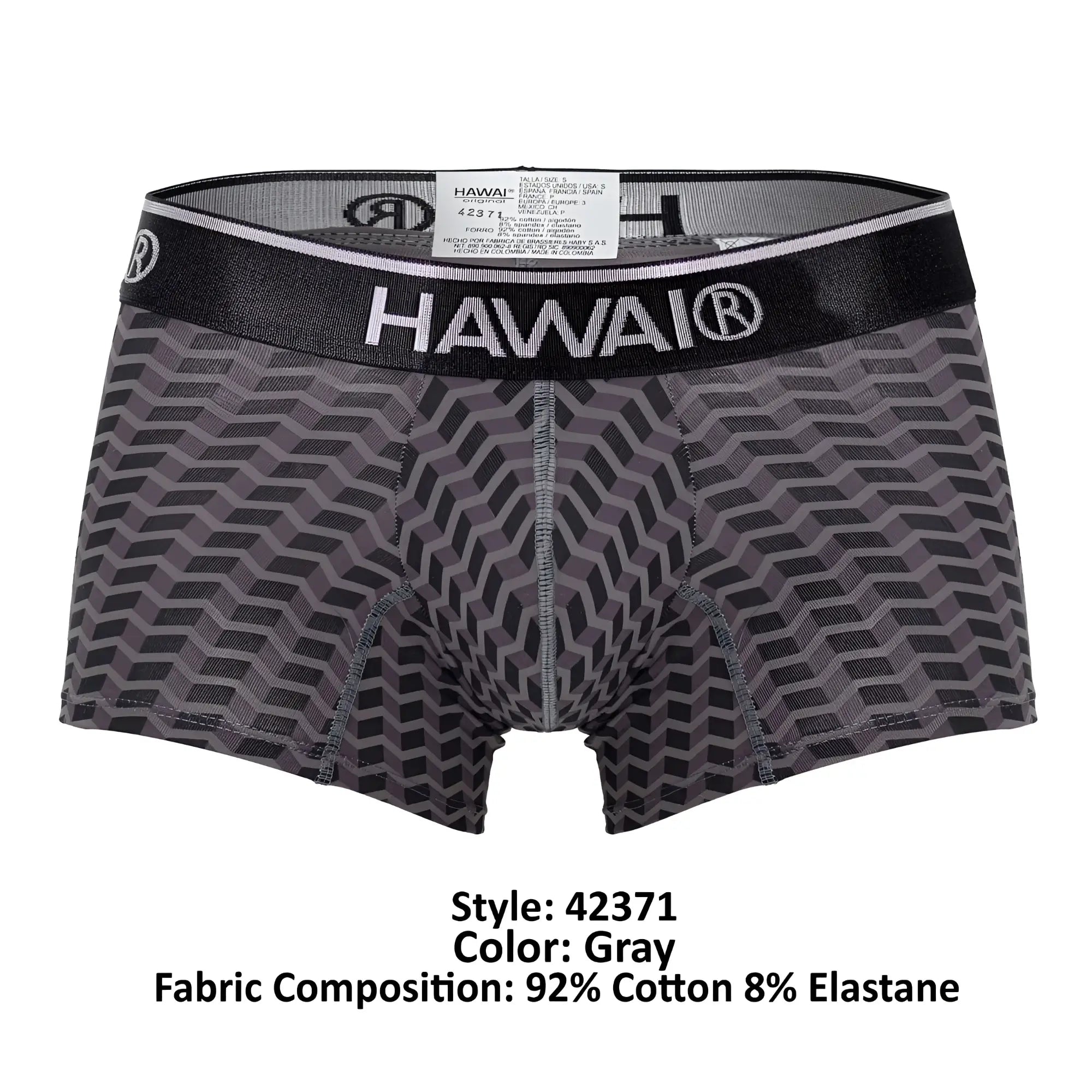 Gray patterned men’s boxer briefs with black waistband and white hawai brand name from HAWAI 42371 printed trunks