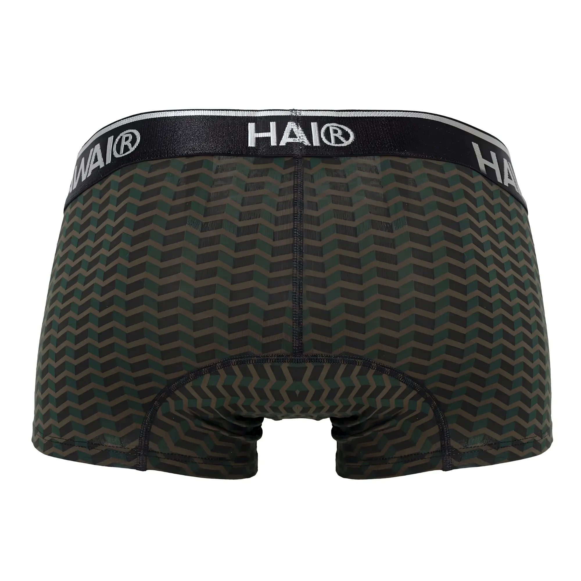 Hawai 42371 printed trunks in green with black and dark green chevron pattern and black waistband with white lettering