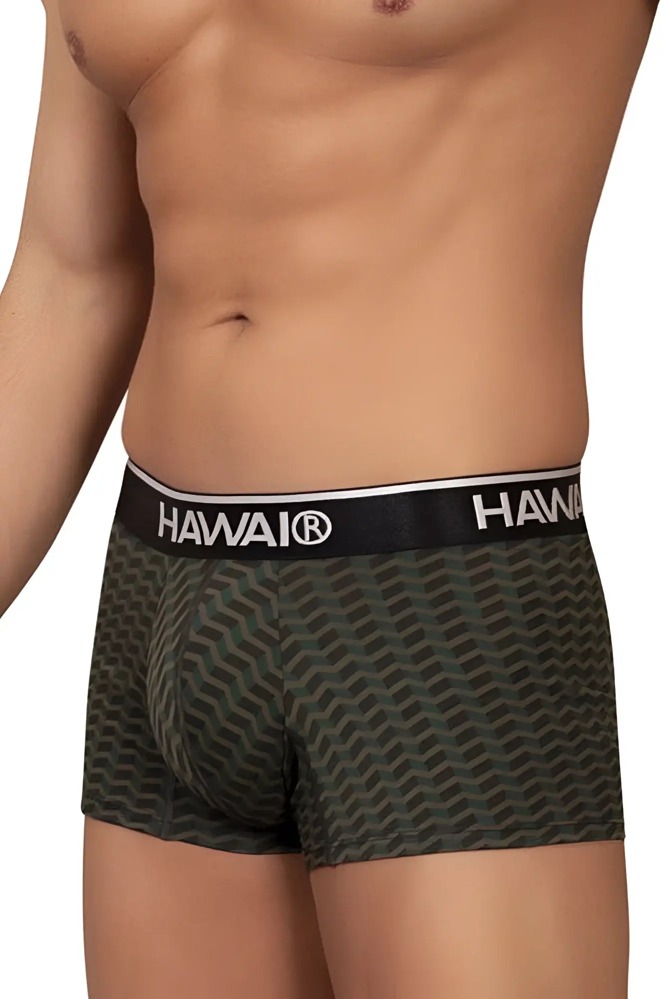 Dark green hawai 42371 printed boxer briefs with black waistband hawaii logo and zigzag pattern on fabric