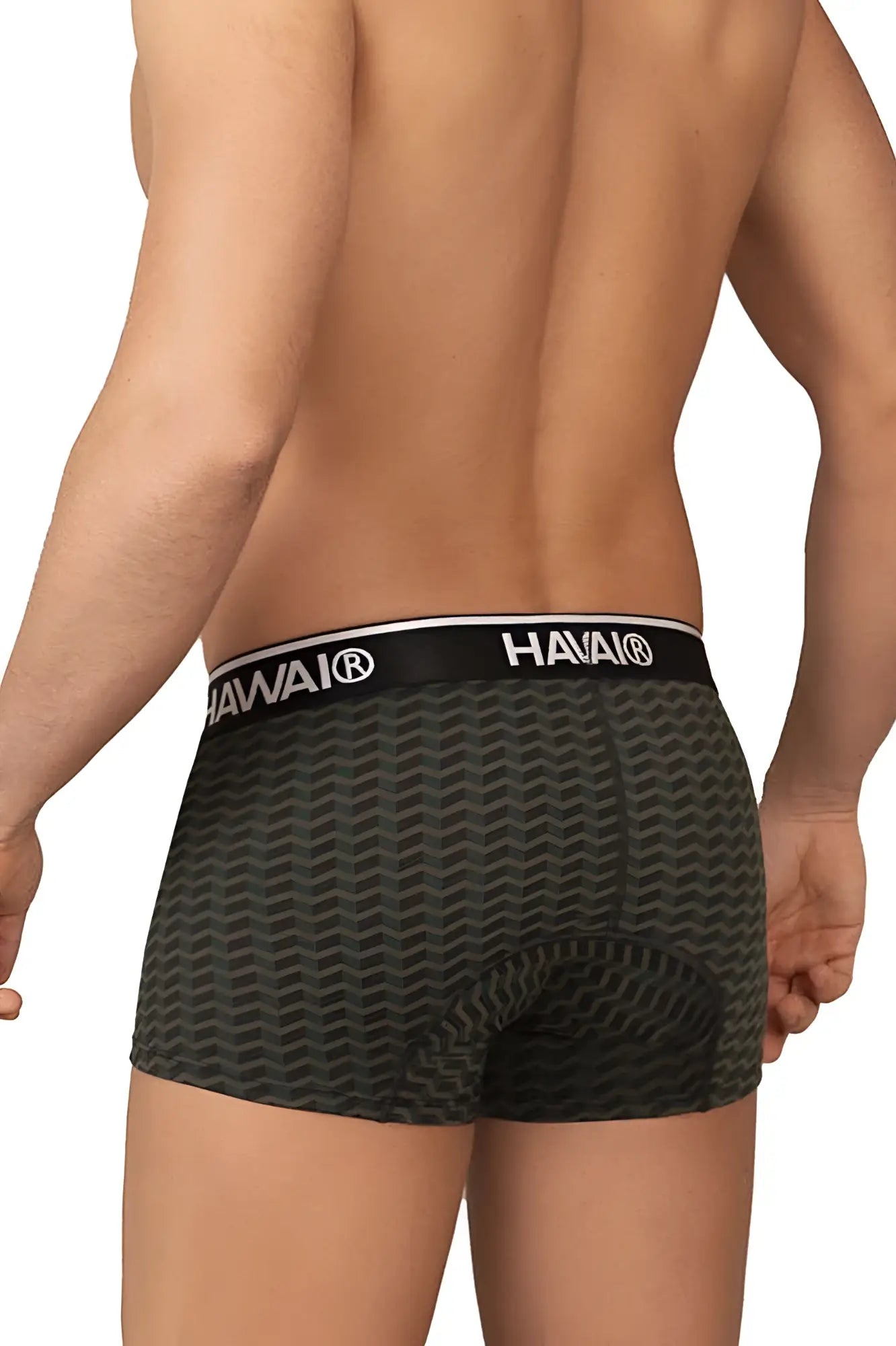 Dark green hawaï 42371 printed boxer briefs with subtle wavy pattern and black waistband for comfortable wear