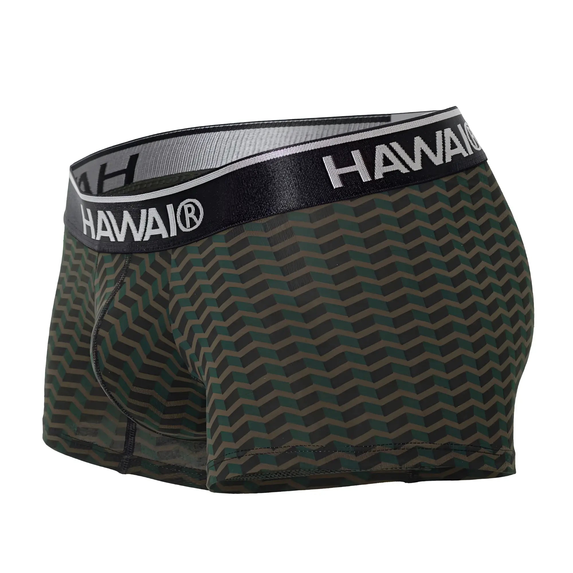 Dark green and gray chevron patterned men’s boxer briefs with black elastic waistband and hawaii brand name in white