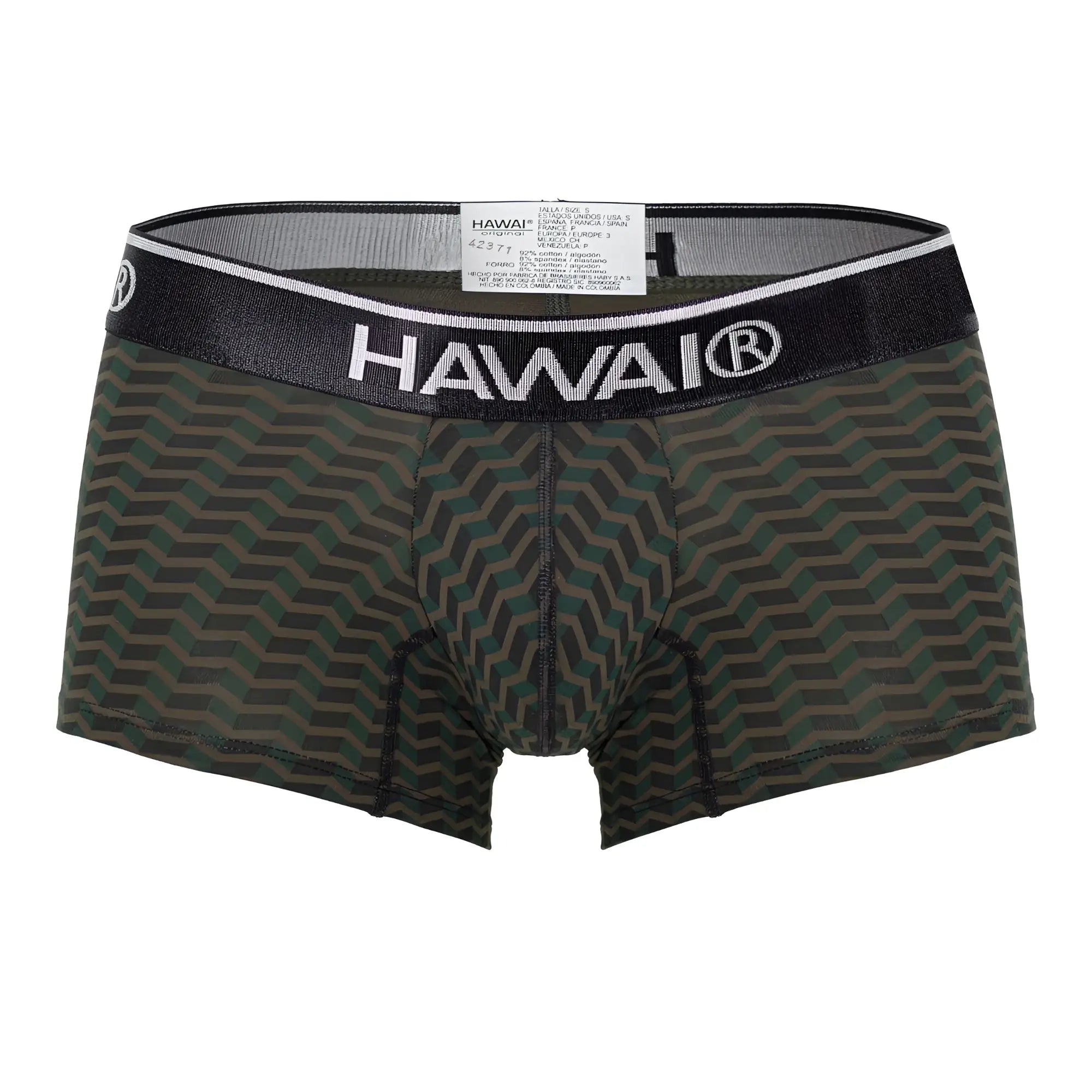 Hawaii 42371 printed trunks men’s boxer briefs in dark green black geometric pattern with black waistband and white logo