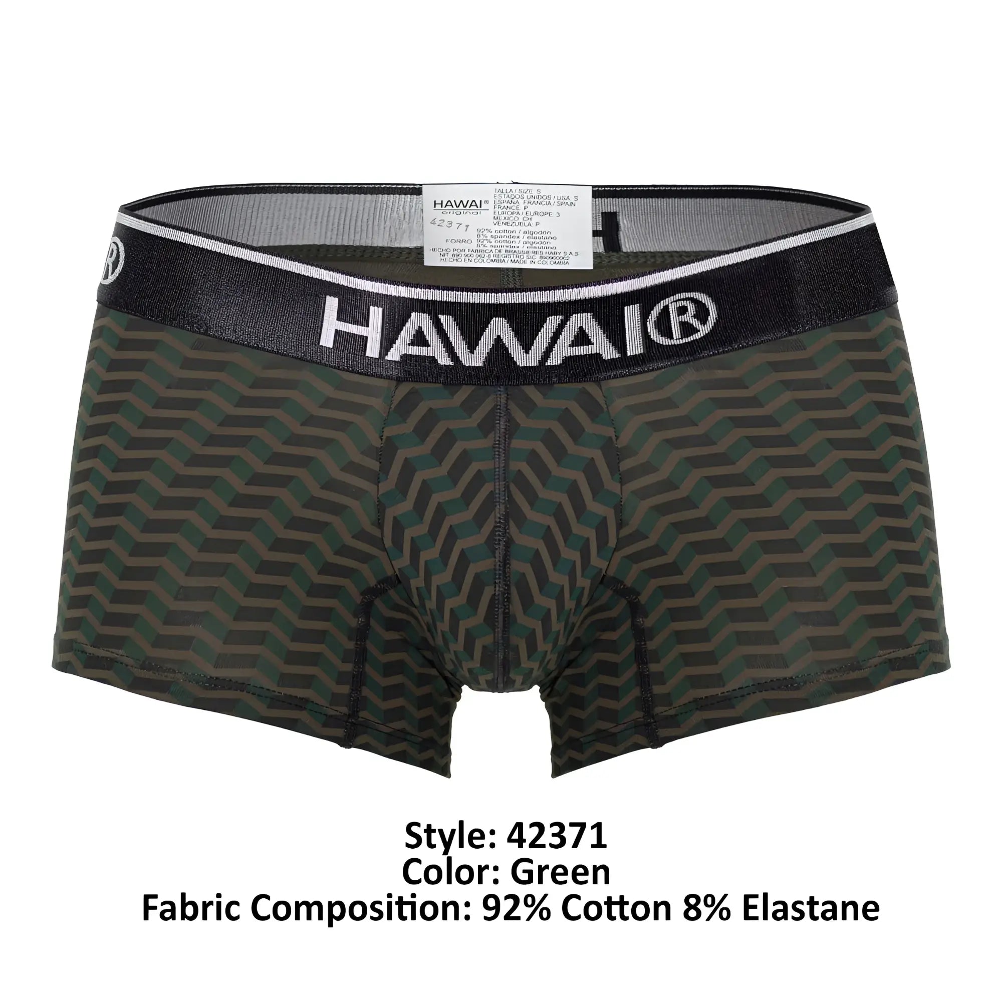Green patterned hawaii men’s boxer briefs with black waistband featuring white lettering and trim in printed trunks style