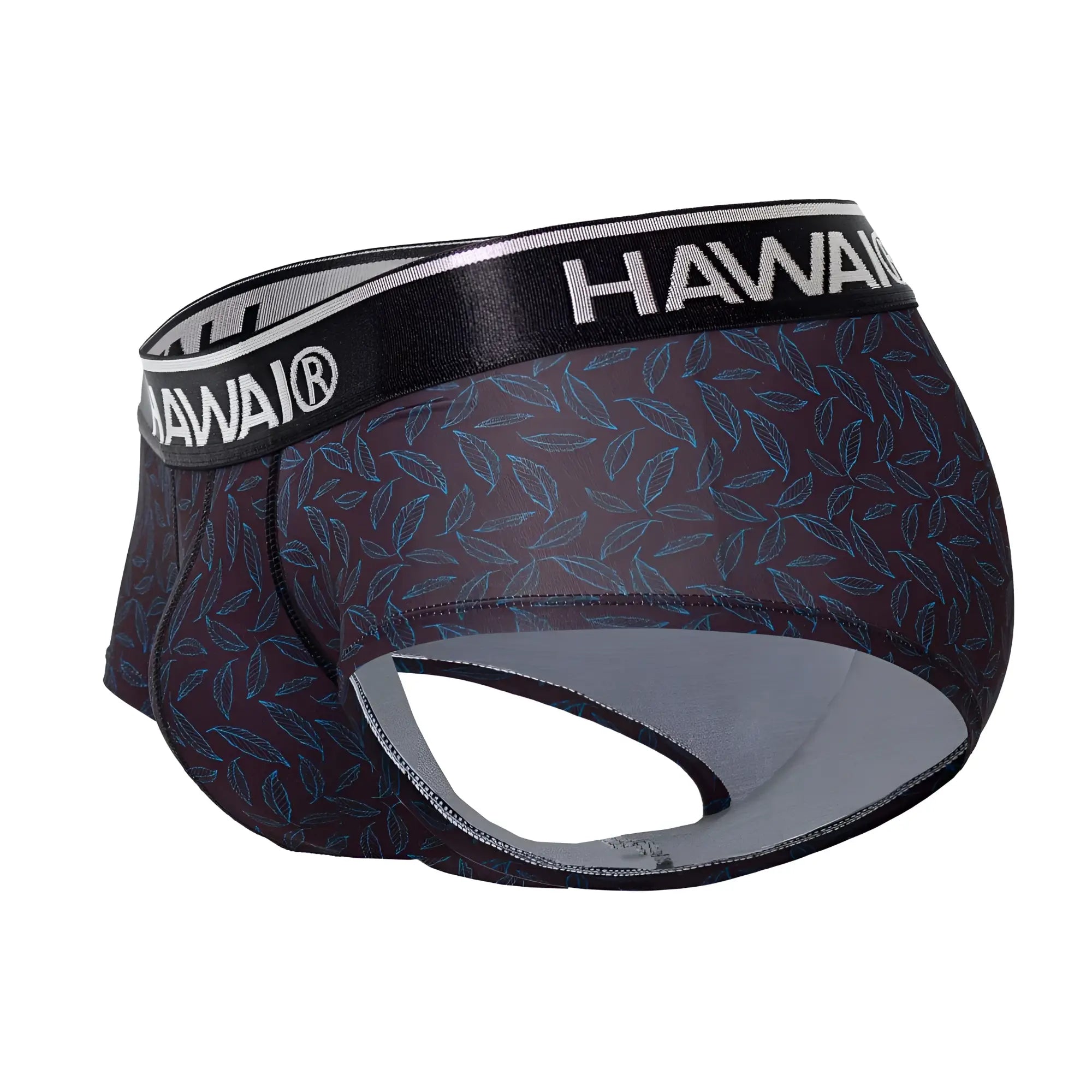 Dark purple hawaii 42380 printed briefs with subtle leaf pattern and black waistband featuring hawaii logo in white