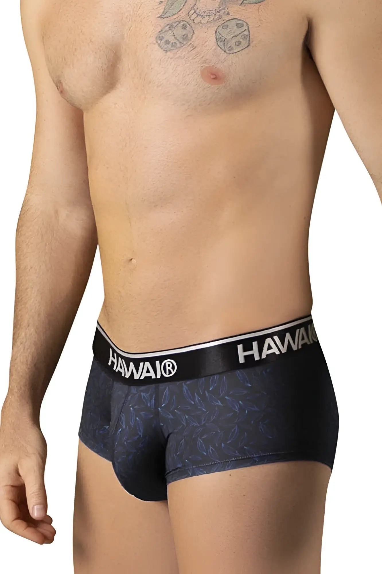 Black hawai 42380 printed boxer briefs with subtle blue leaf pattern and contrasting white logo waistband