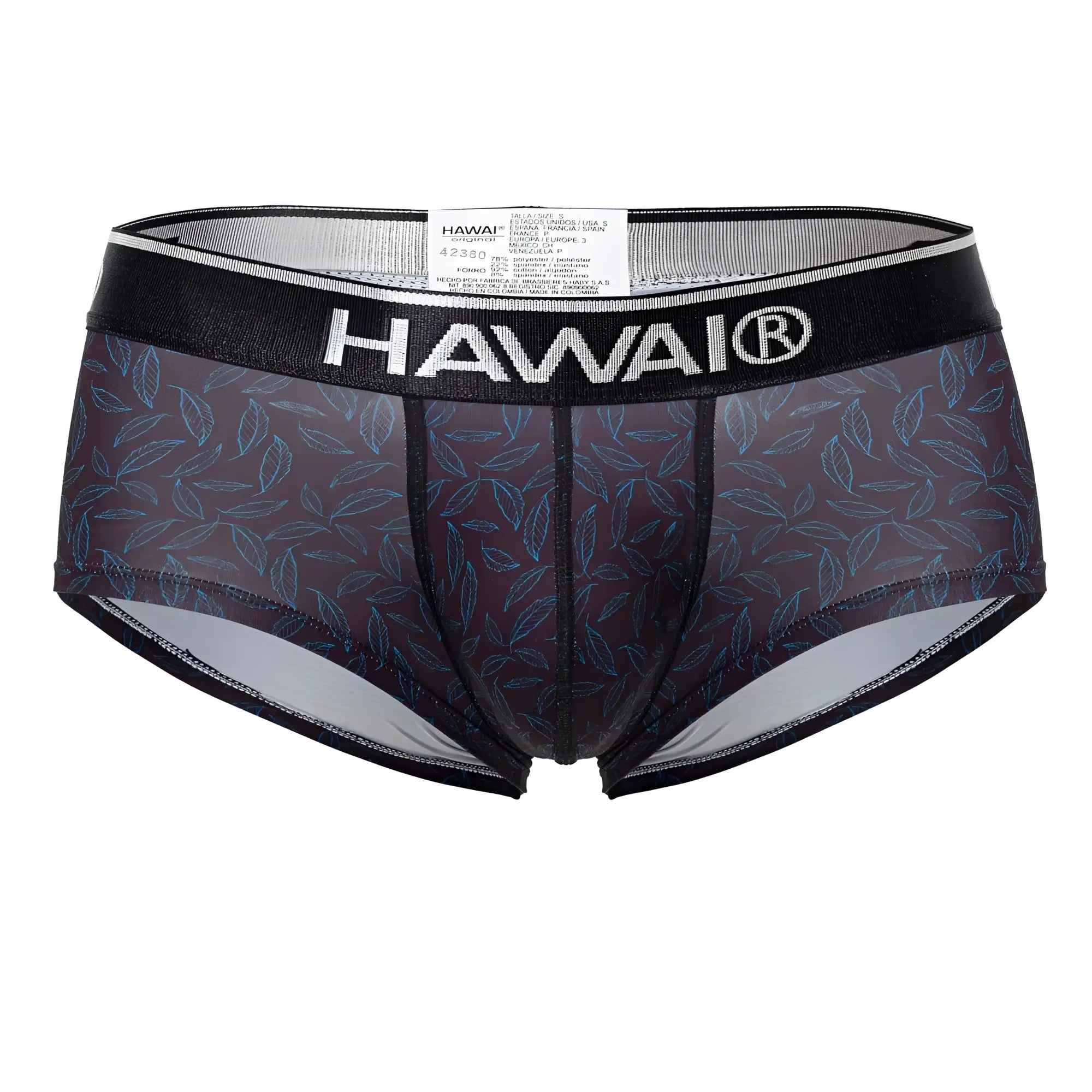 Black Hawai 42380 printed briefs in sheer dark gray fabric with blue leaf pattern and black trim for men