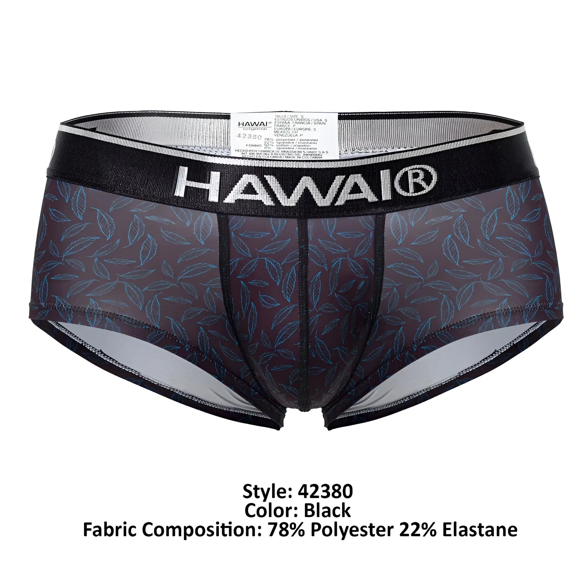 Black hawaii 42380 printed briefs with sheer leaf pattern and black elastic waistband