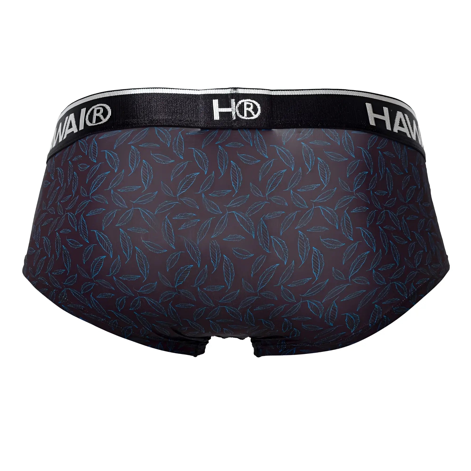 Black men’s hawai 42380 printed briefs with blue leaf pattern and black elastic waistband featuring hai logo