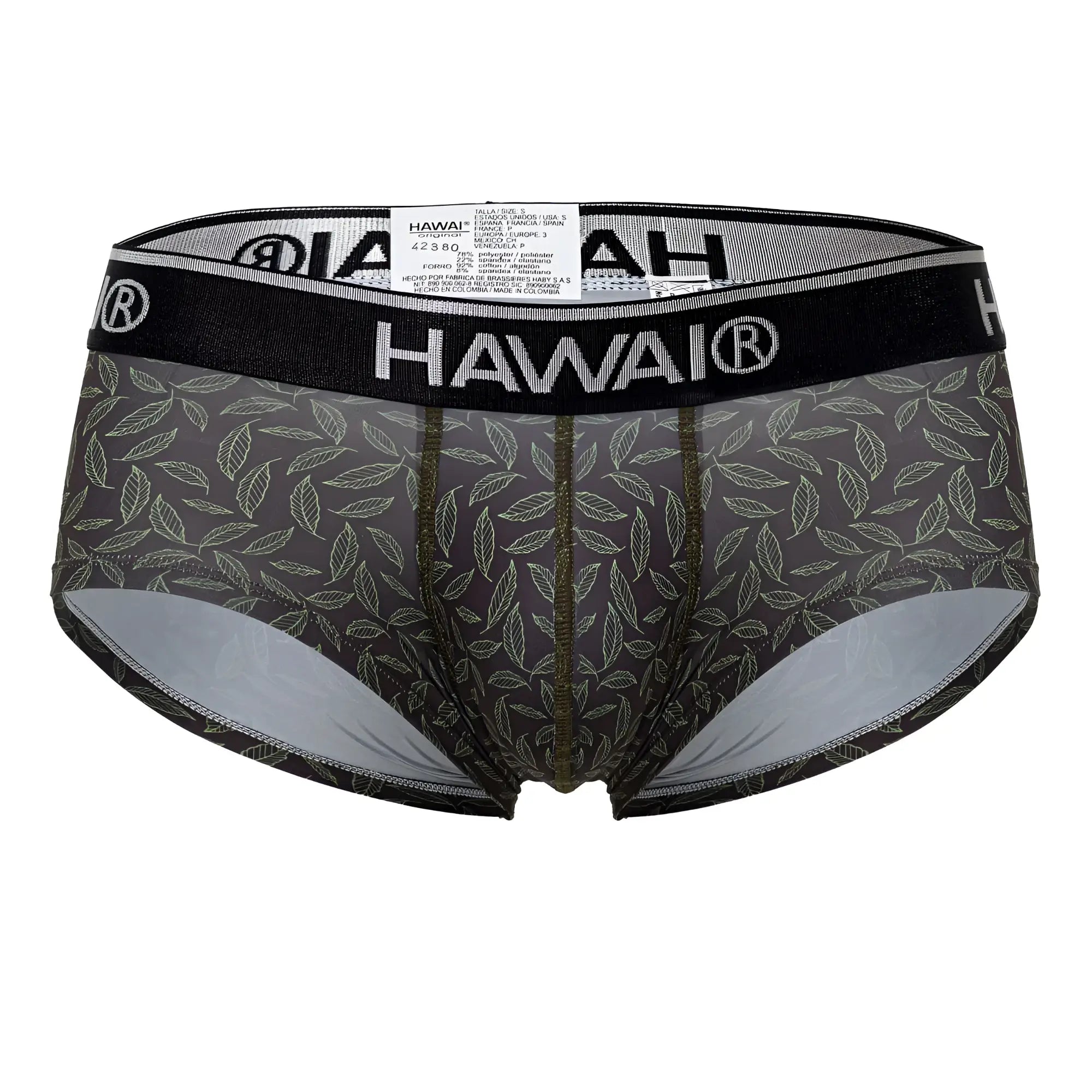 Black hawai men’s briefs green with subtle leaf pattern in light gray olive green and silver inner lining