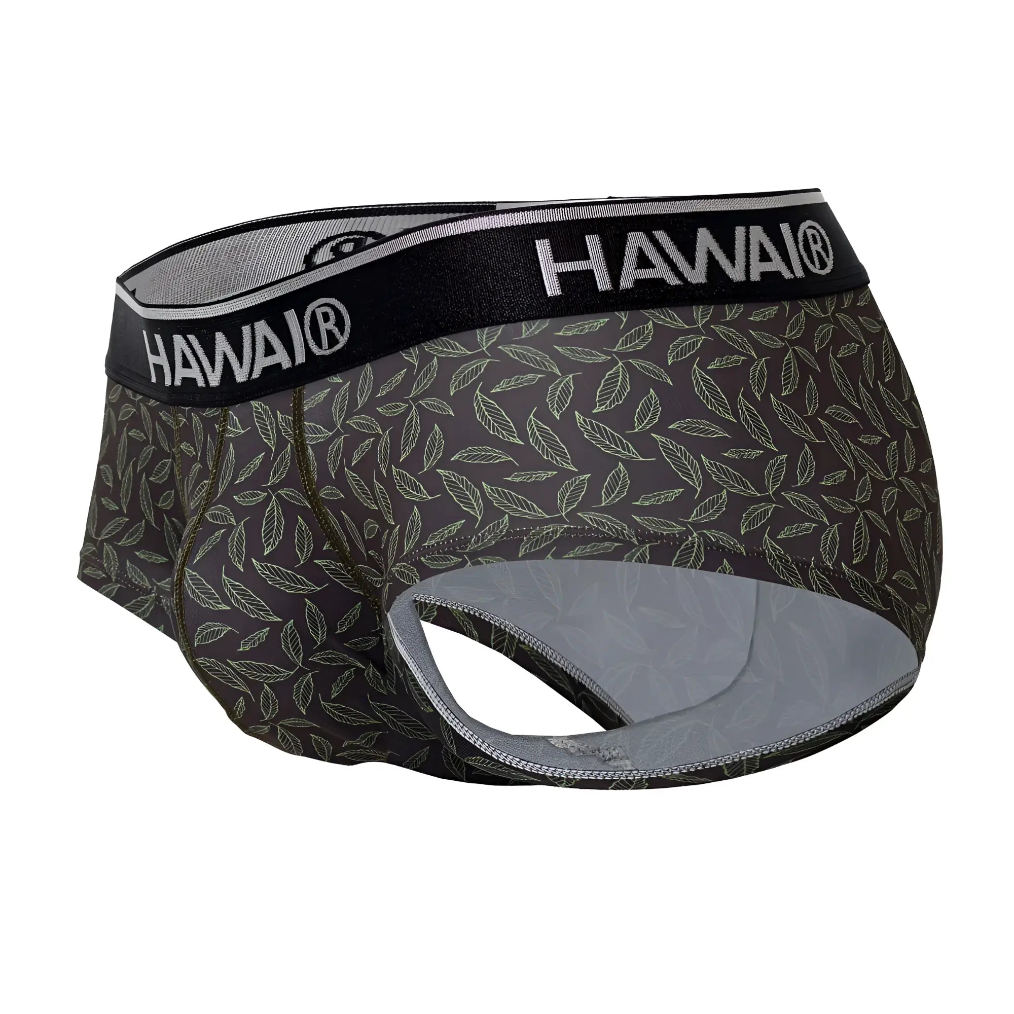 Black hawai green printed men’s briefs with subtle light gray leaf pattern and padded breathable interior lining