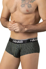 Dark green hawaii 42380 printed boxer briefs with subtle leaf pattern and black waistband with white branding