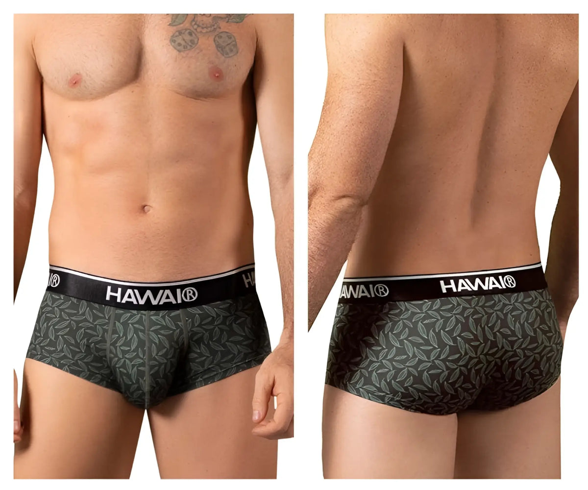 Dark green hawaiian-patterned boxer briefs with black hawaii branded waistband printed briefs color green