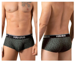 Dark green hawaiian-patterned boxer briefs with black hawaii branded waistband printed briefs color green