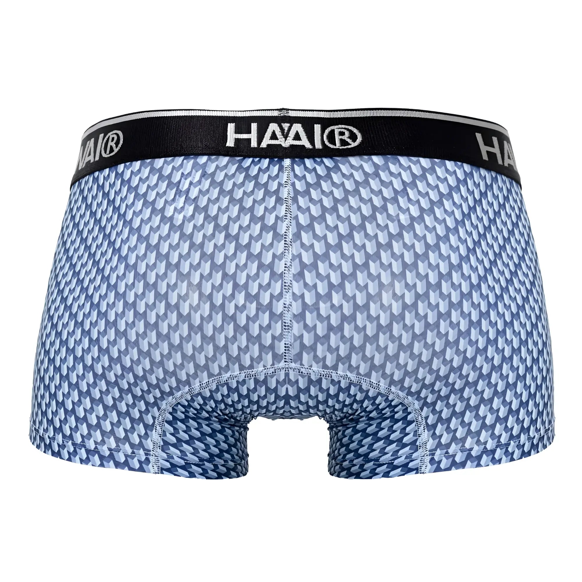 Blue patterned men’s boxer briefs with black haai brand waistband from hawai 42420 printed trunks collection