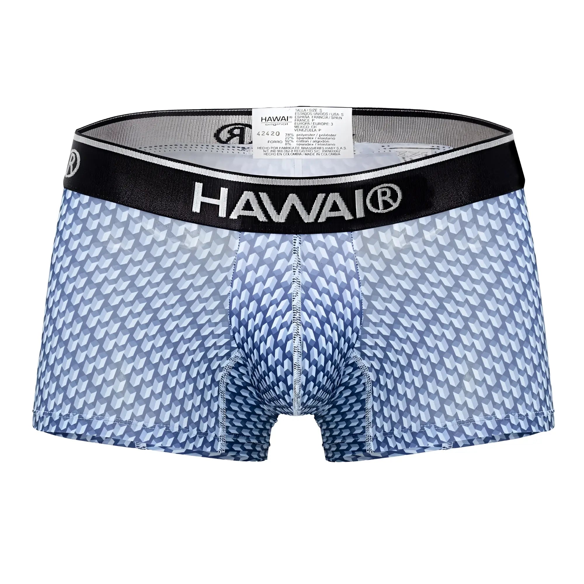 Blue patterned men’s boxer briefs with black hawai waistband from HAWAI 42420 printed trunks collection