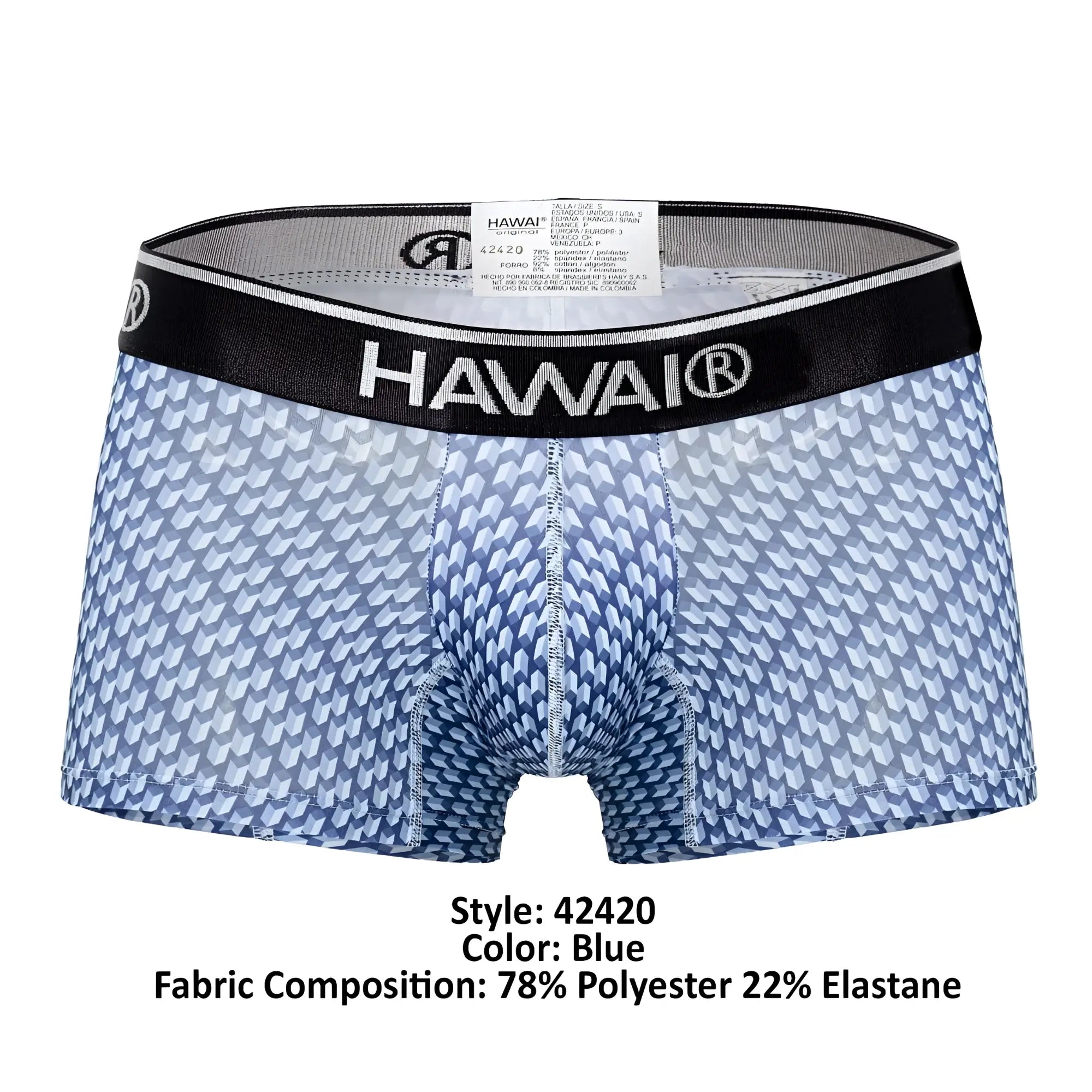 Blue patterned men’s boxer briefs with black waistband featuring Hawai brand logo in HAWAI 42420 printed trunks