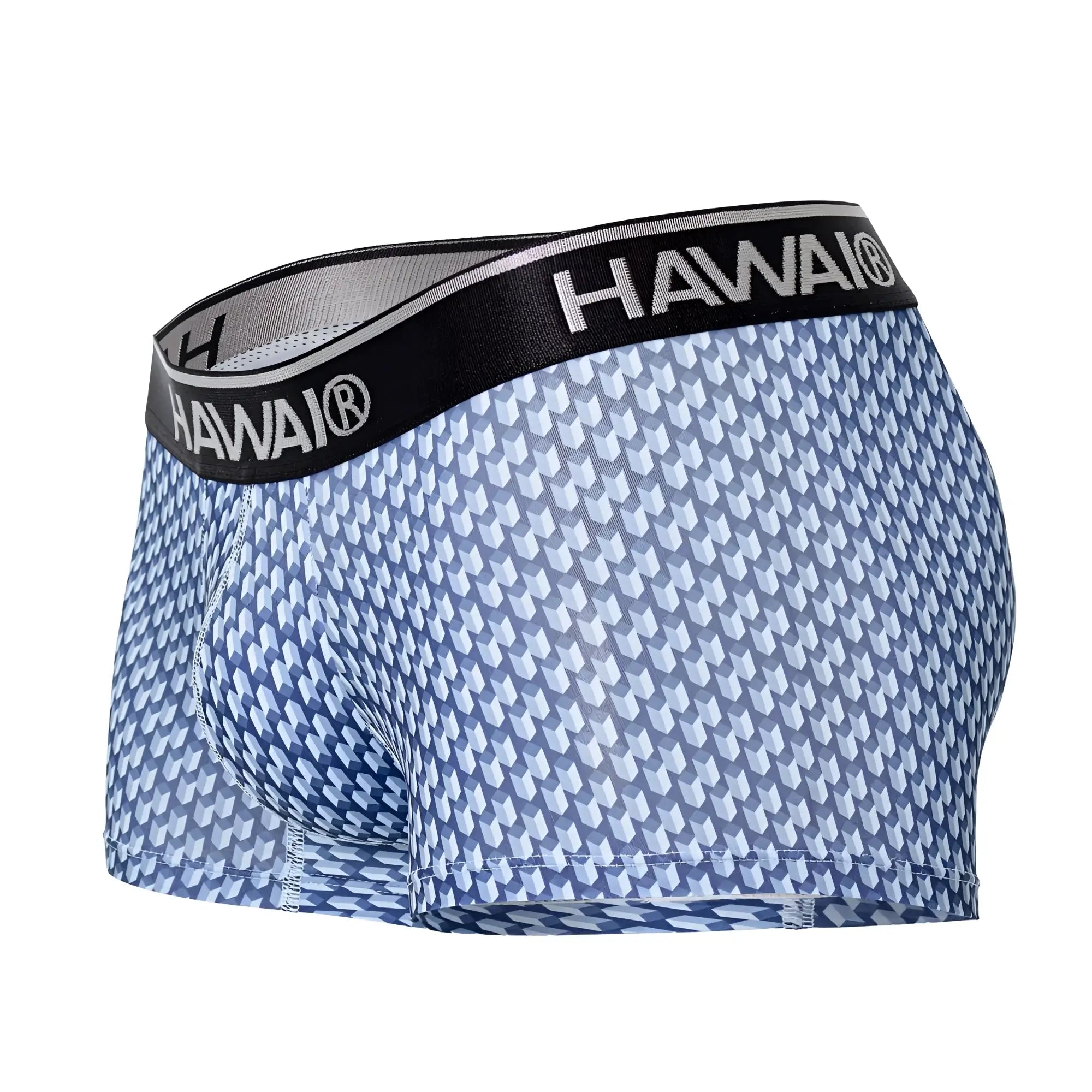 Blue and white geometric patterned men’s boxer briefs with black hawai waistband from hawai 42420 printed trunks color blue
