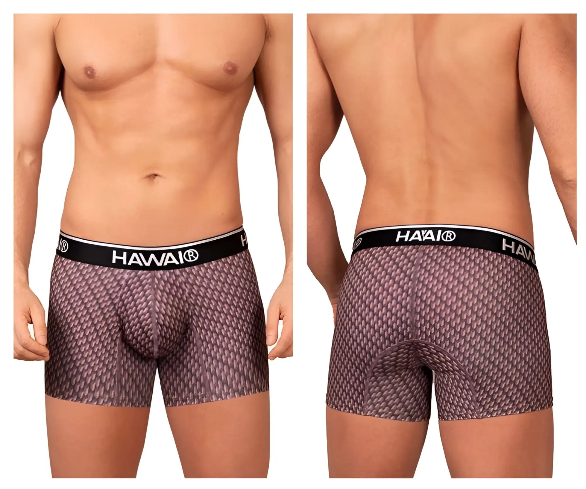 Hawai 42420 printed trunks men’s boxer briefs in muted purple textured fabric with black elastic waistband color cocoa