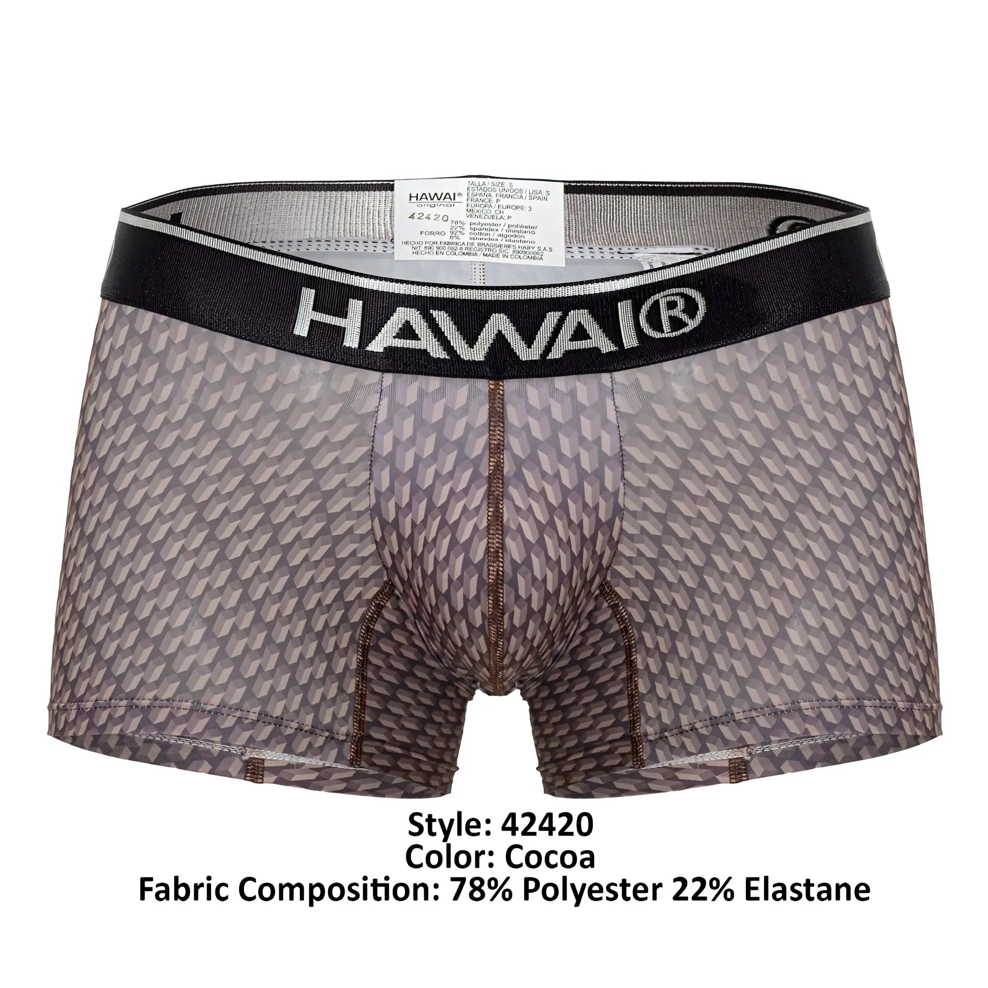 Cocoa-colored hawai 42420 printed boxer briefs with geometric pattern and black waistband shown from the back
