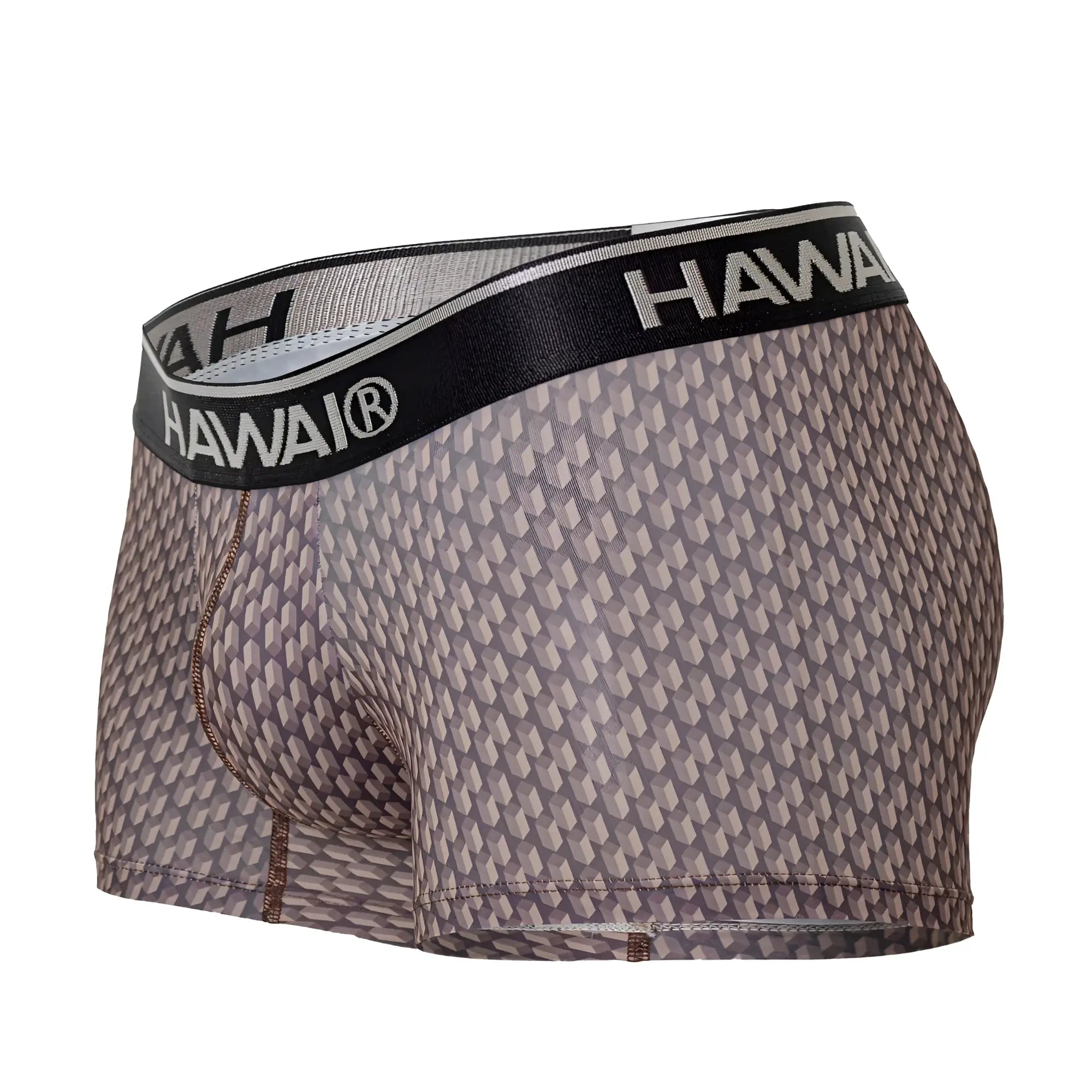 Gray patterned men’s boxer briefs with black hawaii branded waistband in cocoa color printed trunks design